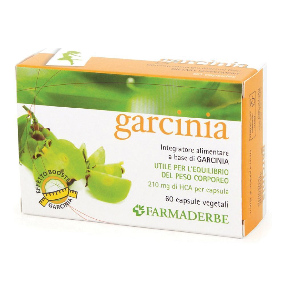 Scatola di capsule di Garcinia. Scritte: "Garcinia", "60 capsule vegetali", "Farmaderbe". Illustrazione di frutti di Garcinia.