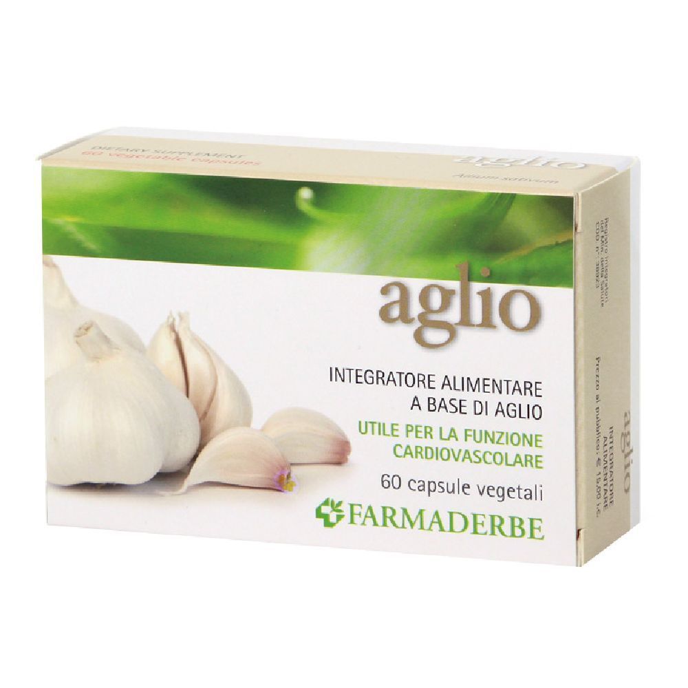 Karton mit Knoblauch-Abbildung und Aufschrift "aglio". Enthält 60 Kapseln. Marke: Farmaderbe.