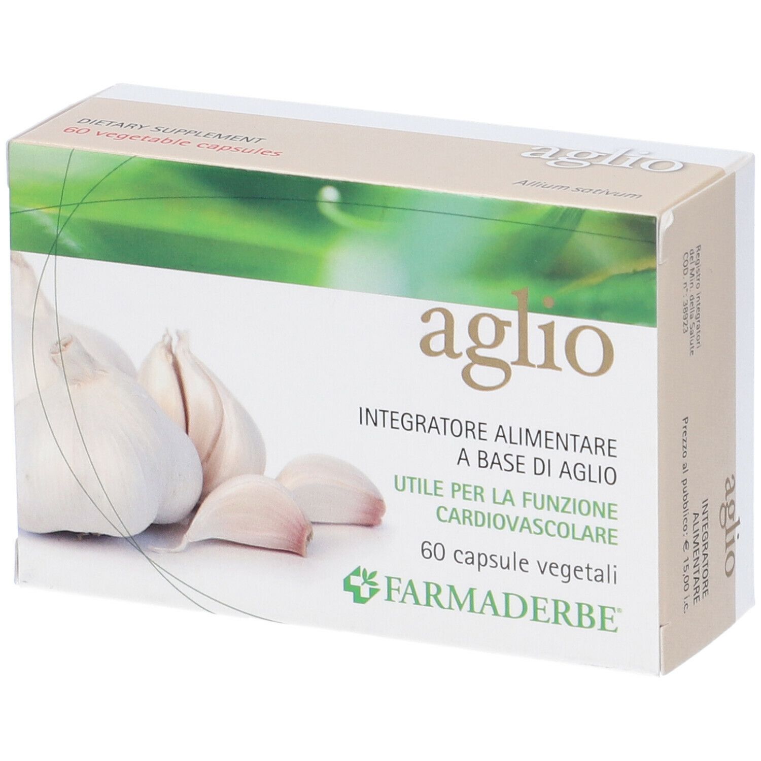 Karton mit Knoblauch-Abbildung und Aufschrift "aglio". Enthält 60 Kapseln. Marke: Farmaderbe.