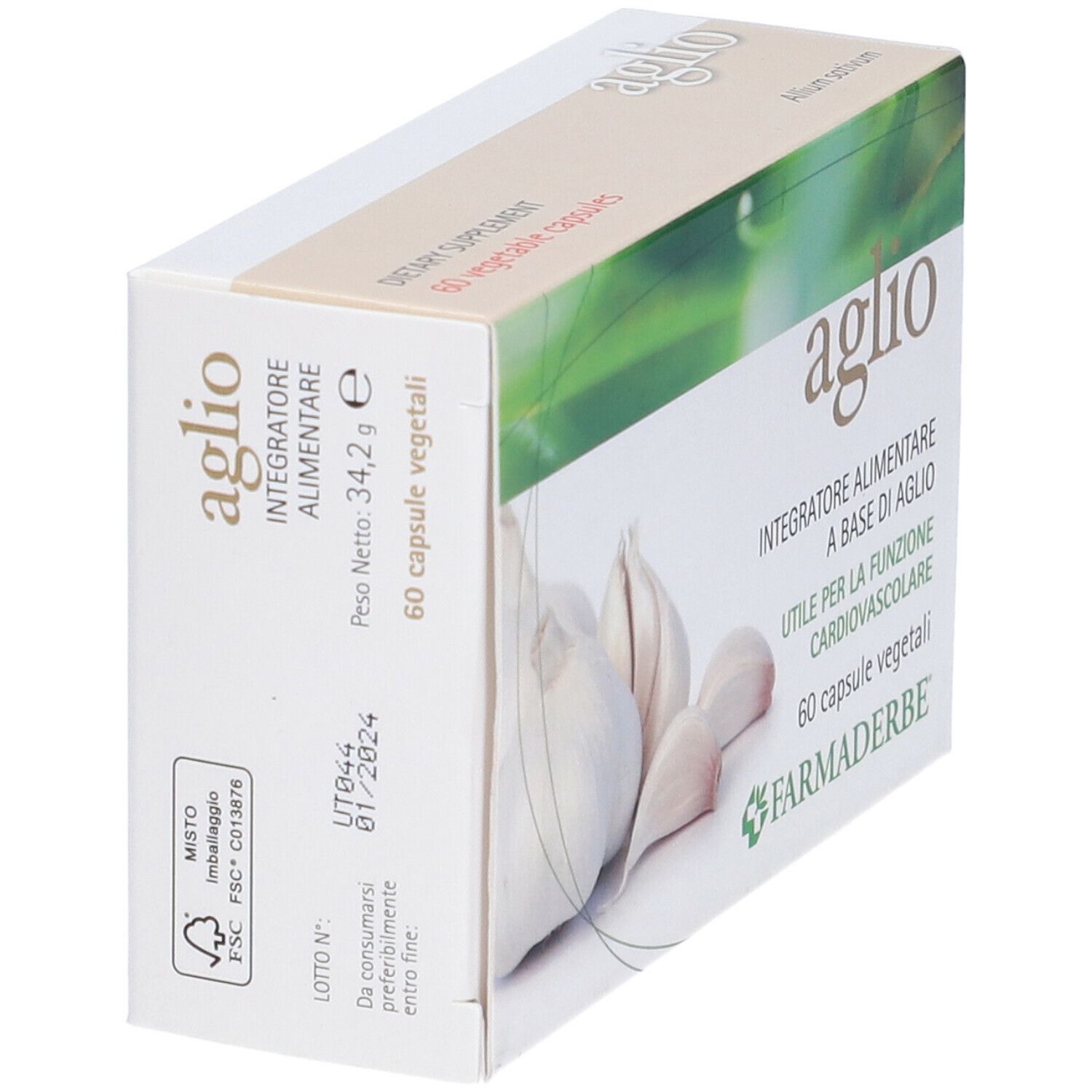 Schräg gestellte Verpackung mit Knoblauch-Abbildung und Aufschrift "aglio". Enthält 60 Kapseln.