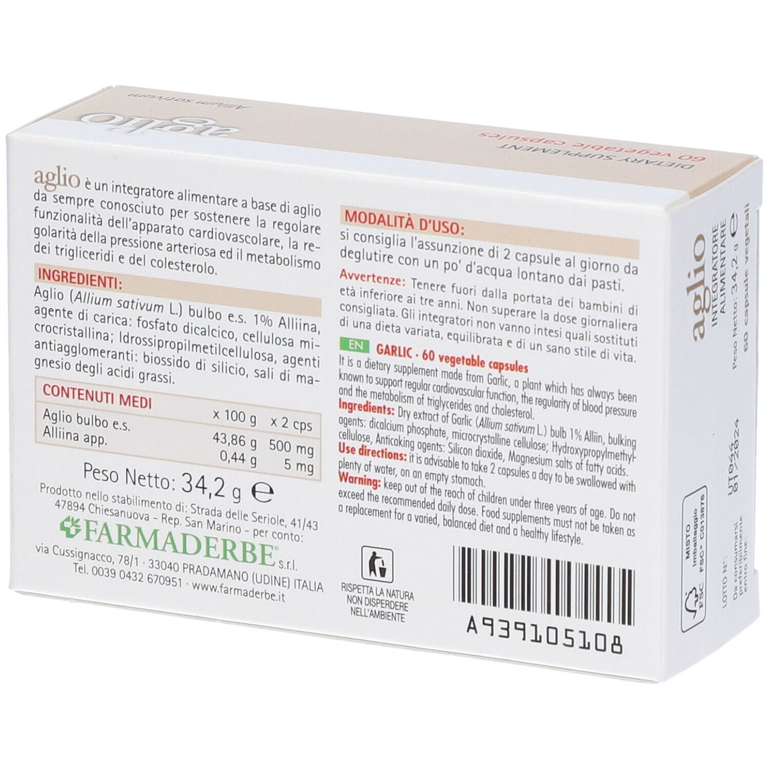 Rückseite der Verpackung mit Inhaltsangaben und Gebrauchsanweisung. Marke: Farmaderbe. Enthält 60 Kapseln.