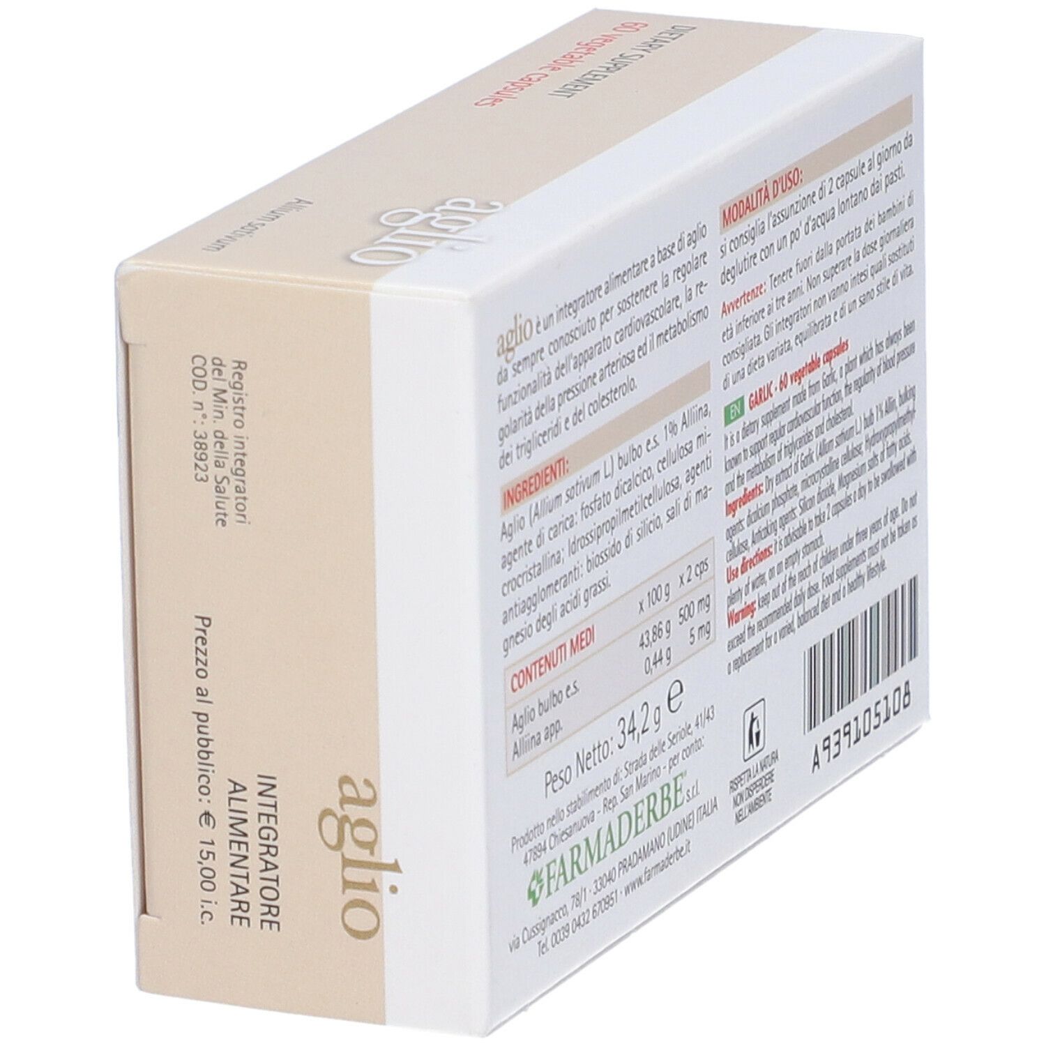 Schräg gestellte Verpackung mit Inhaltsangaben und Gebrauchsanweisung. Marke: Farmaderbe. Enthält 60 Kapseln.