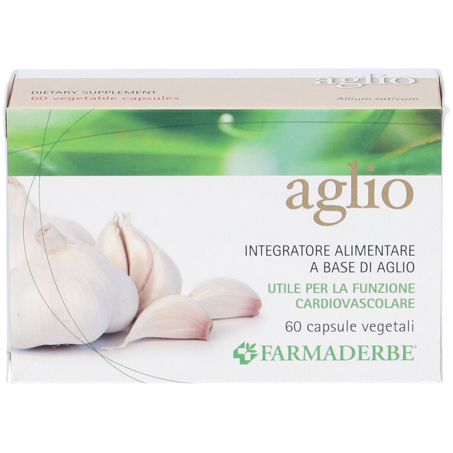 Karton mit Knoblauch-Abbildung und Aufschrift "aglio". Enthält 60 Kapseln. Marke: Farmaderbe.