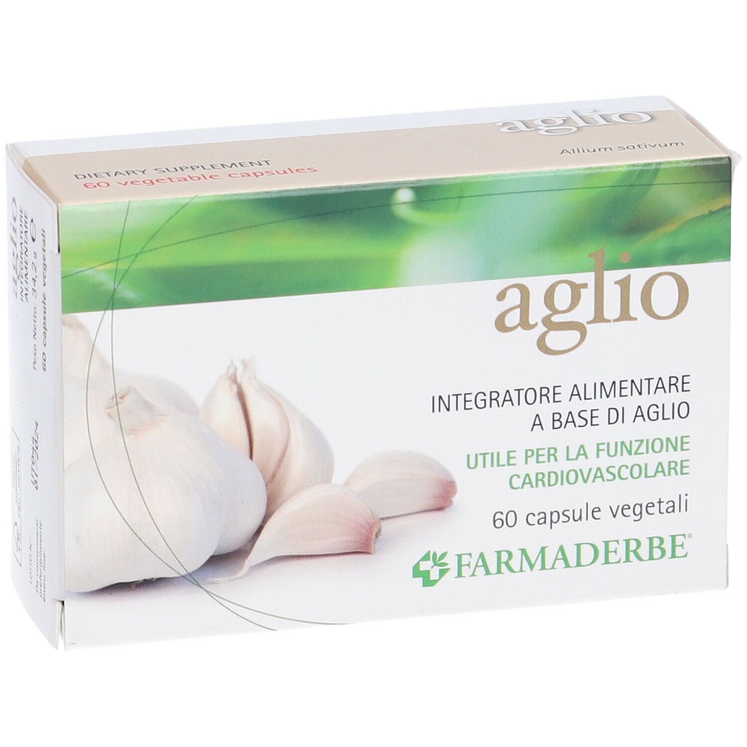 Karton mit Knoblauch-Abbildung und Aufschrift "aglio". Enthält 60 Kapseln. Marke: Farmaderbe.