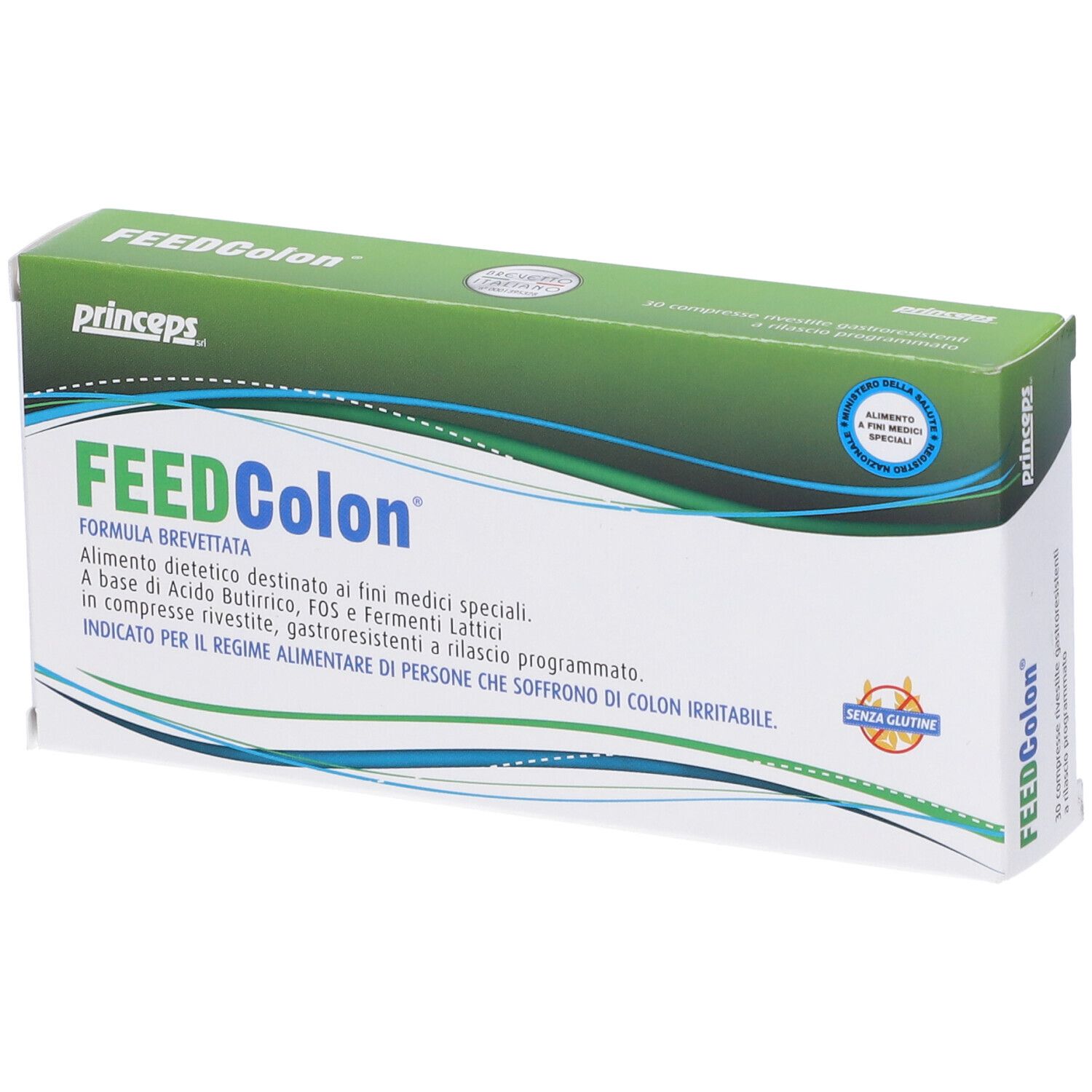 Confezione FEEDColon. Scatola verde e bianca con nome e logo. Contiene 30 compresse.