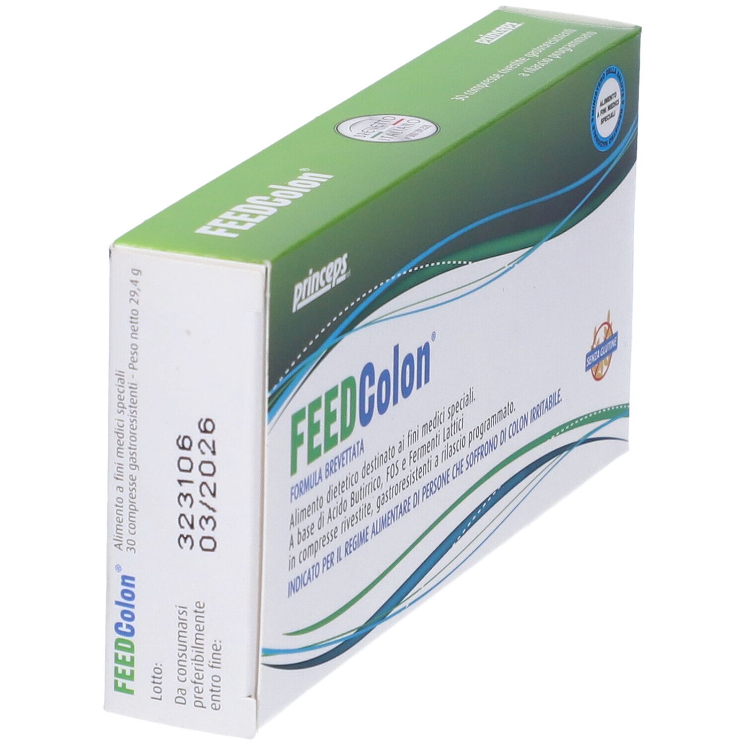Scatola FEEDColon in prospettiva. Confezione verde e bianca con nome e logo. 30 compresse.