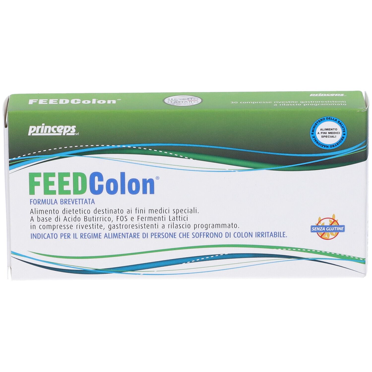 Confezione FEEDColon. Scatola verde e bianca con nome e logo. Contiene 30 compresse.