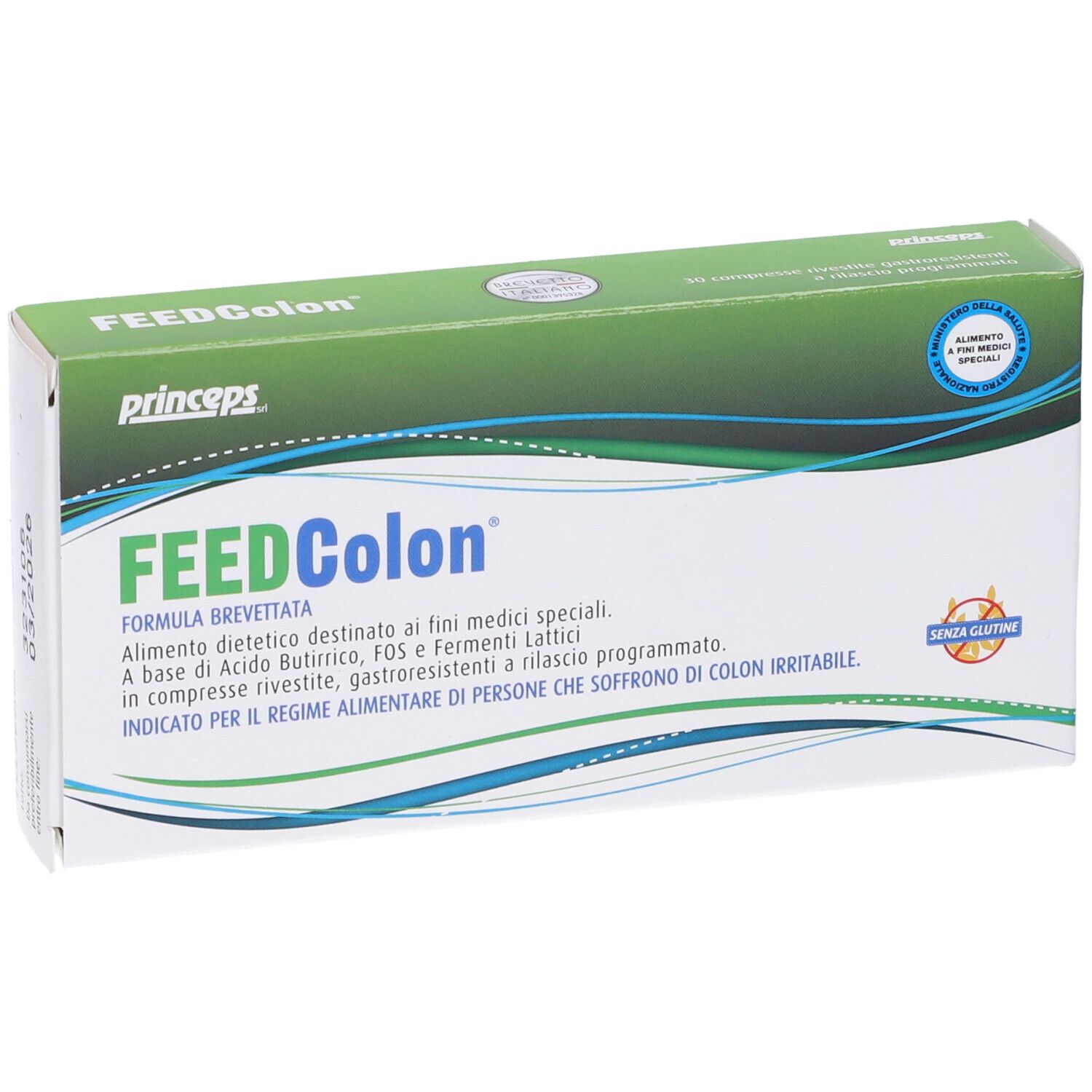 Confezione FEEDColon. Scatola verde e bianca con nome e logo. Contiene 30 compresse.