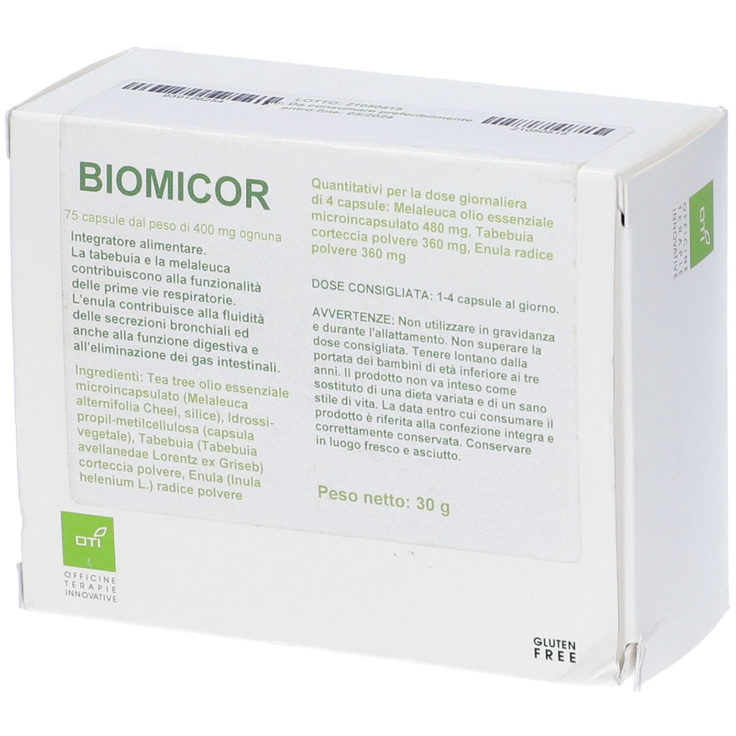 Scatola bianca con testo. Scritto: BIOMICOR, 75 capsule. Contiene ingredienti e informazioni nutrizionali. Logo senza glutine.