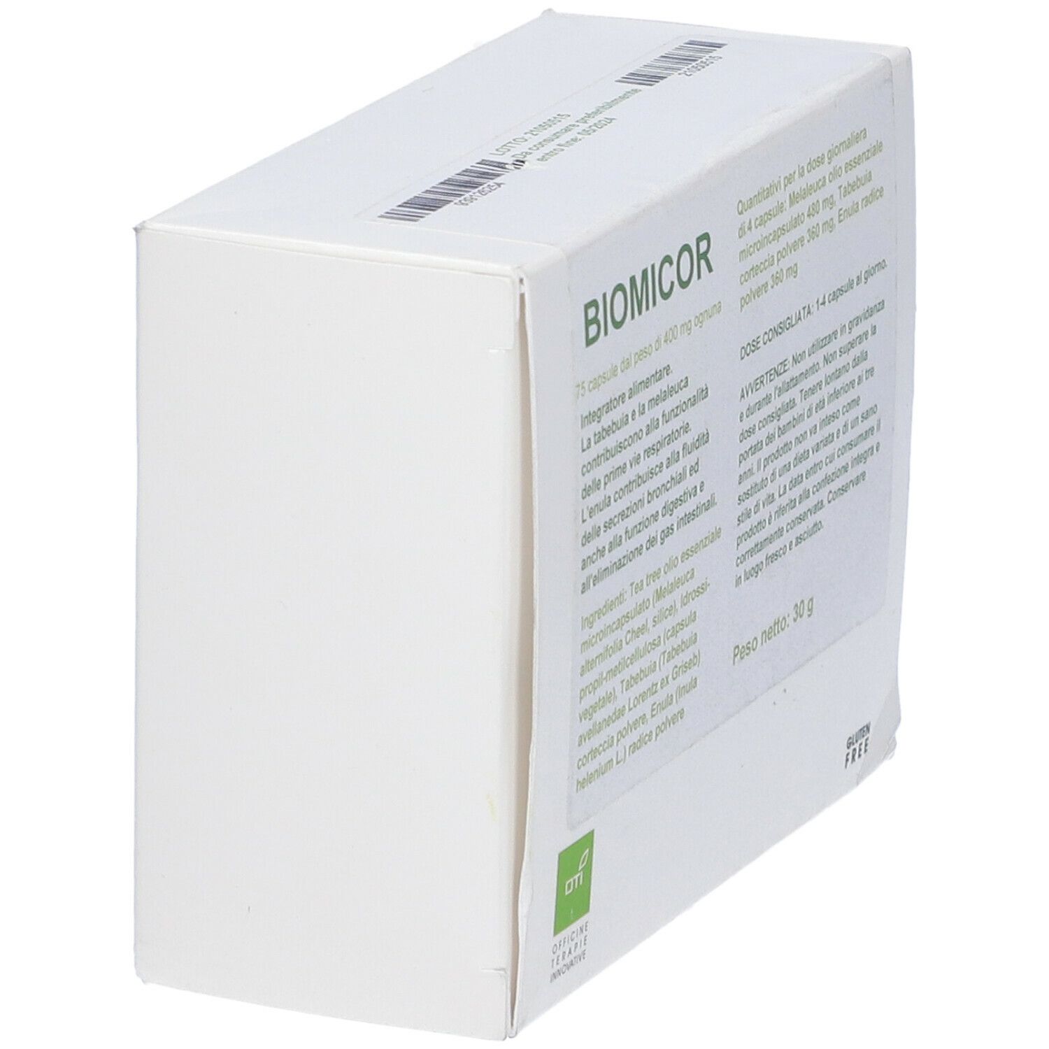 Scatola del prodotto bianca inclinata. Scritto: BIOMICOR. Contiene testo e informazioni. Codice a barre in alto.