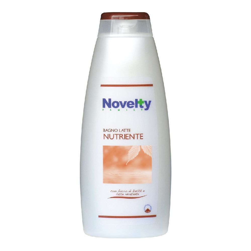Weißliche Flasche mit braunem Deckel. Aufschrift: Novelty, bagno latte nutriente. Abbildung von Blättern.