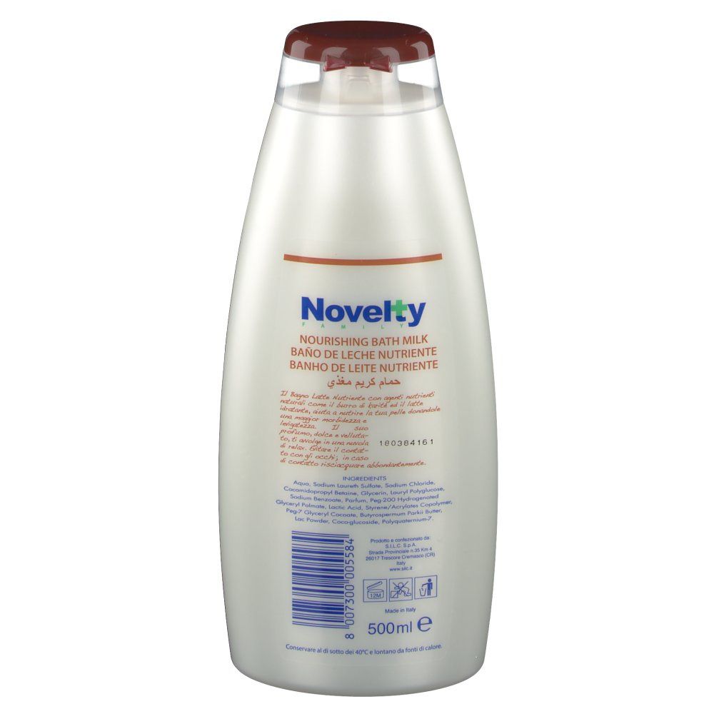Rückseite einer weißen Flasche mit braunem Deckel. Aufschrift: Novelty, bagno latte nutriente. Barcode und Volumenangabe.