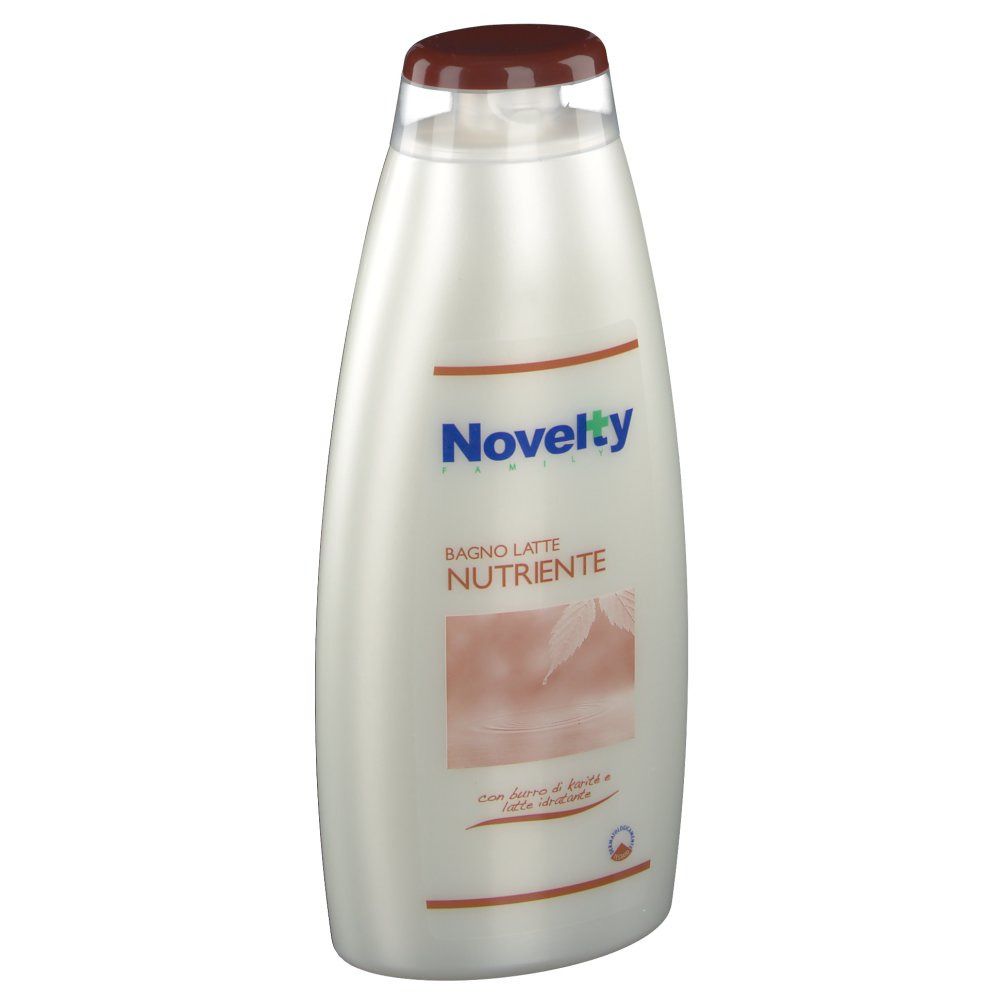 Weißliche Flasche mit braunem Deckel. Aufschrift: Novelty, bagno latte nutriente. Abbildung von Blättern.
