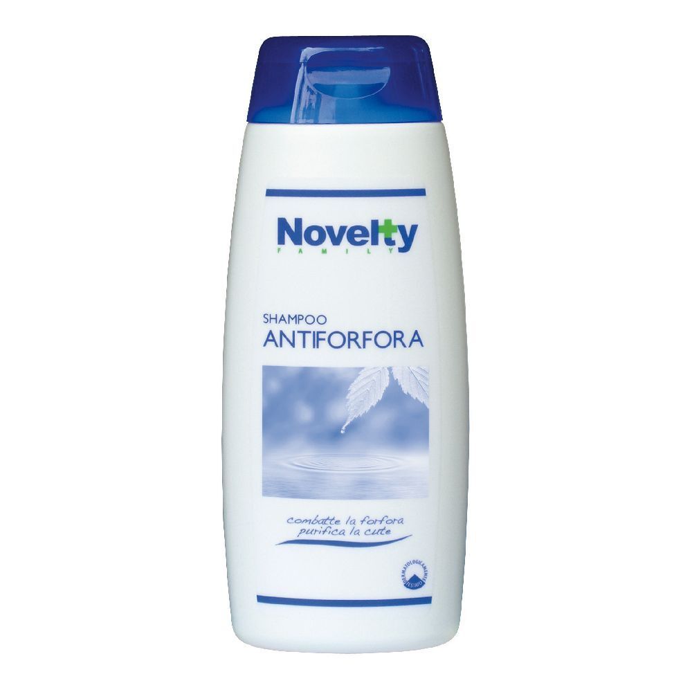 Shampoo bianco con tappo blu. Scritta: Antiforfora. Immagine di una foglia e di una goccia d'acqua.