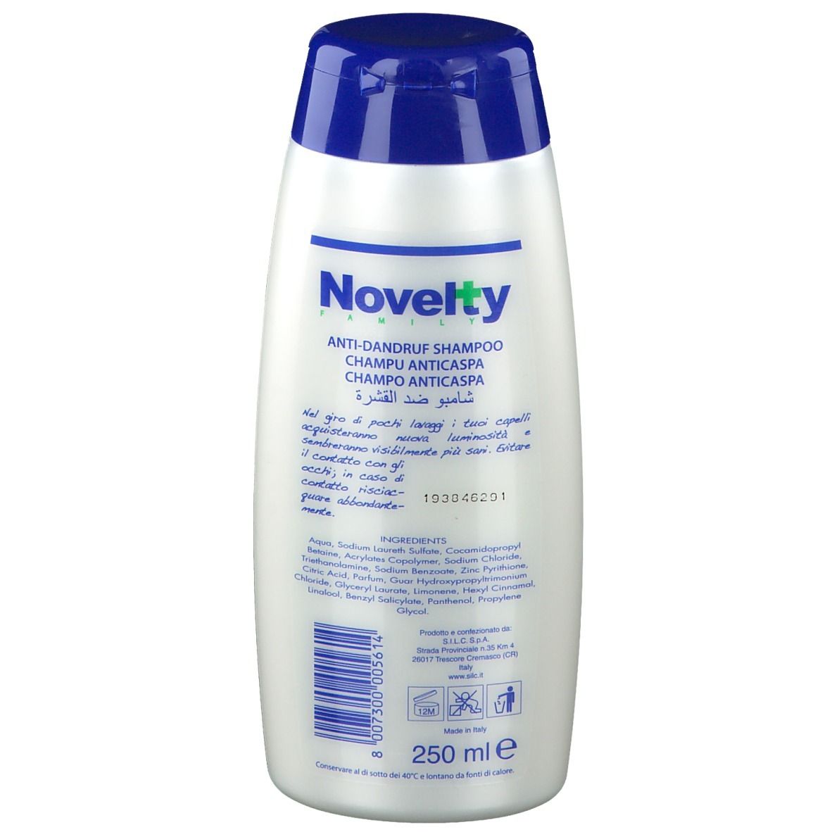 Retro di una bottiglia di shampoo bianca con tappo blu. Testo: Shampoo antiforfora. Ingredienti e istruzioni.