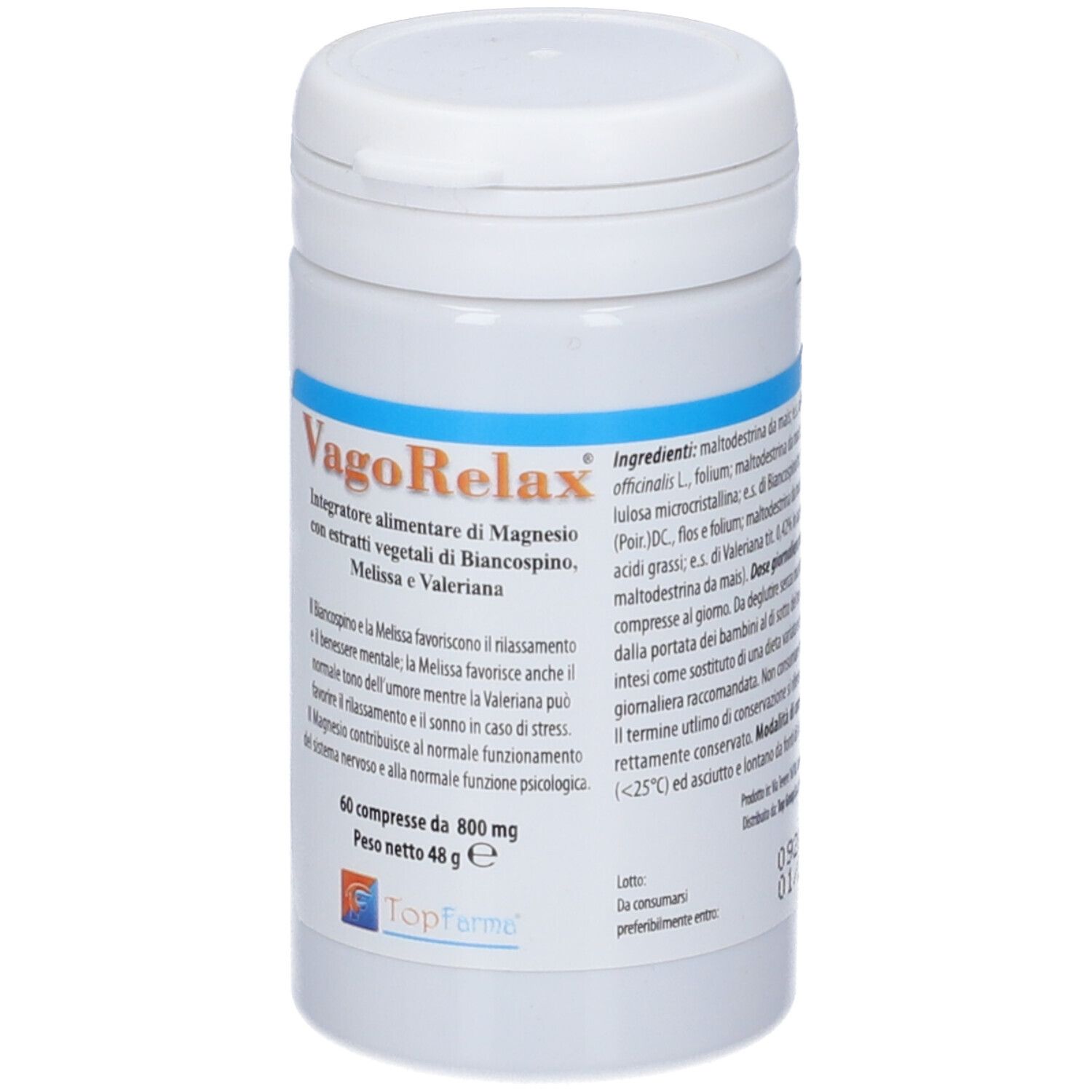 Weiße Tablettenflasche mit blauem Etikett. Produktname: VagoRelax. Enthält 60 Tabletten. Gewicht: 48 g. Marke: Topfame.