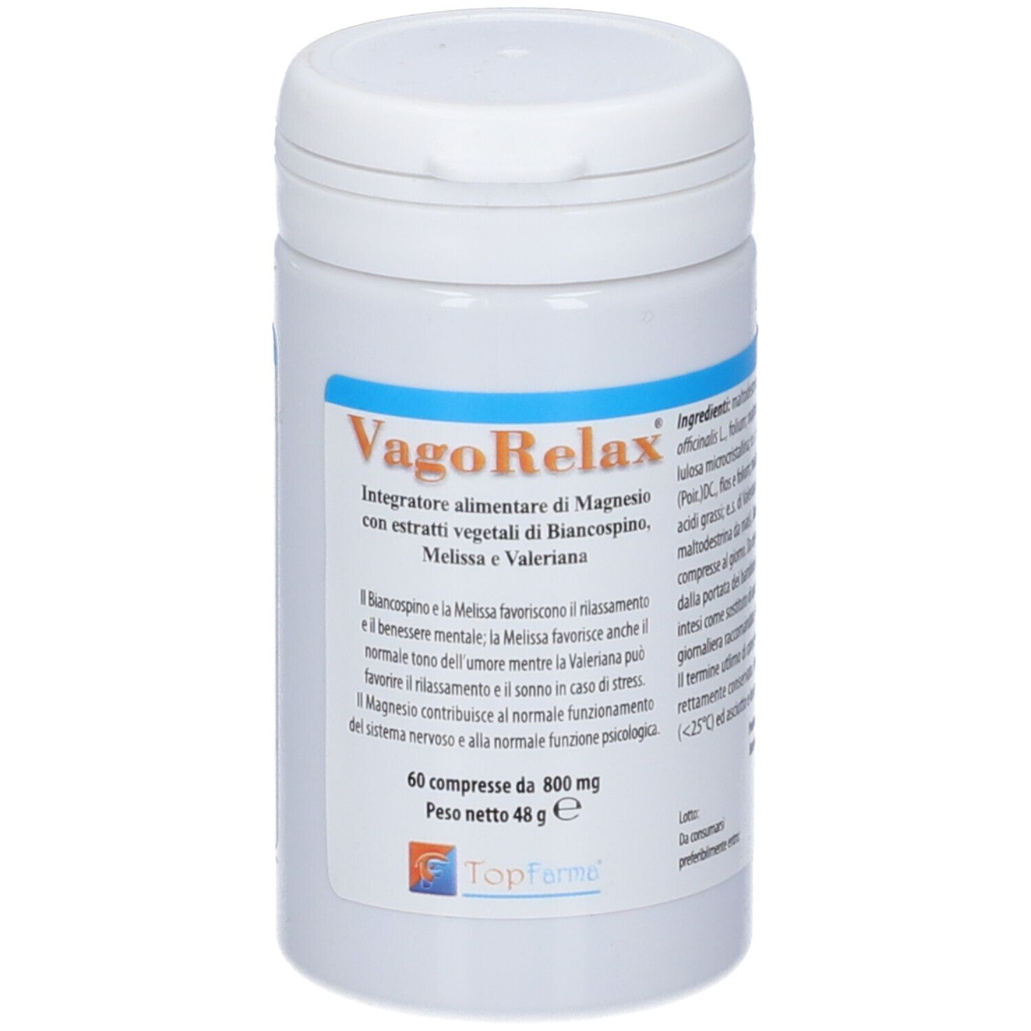 Weiße Tablettenflasche mit blauem Etikett. Produktname: VagoRelax. Enthält 60 Tabletten. Gewicht: 48 g. Marke: Topfame.