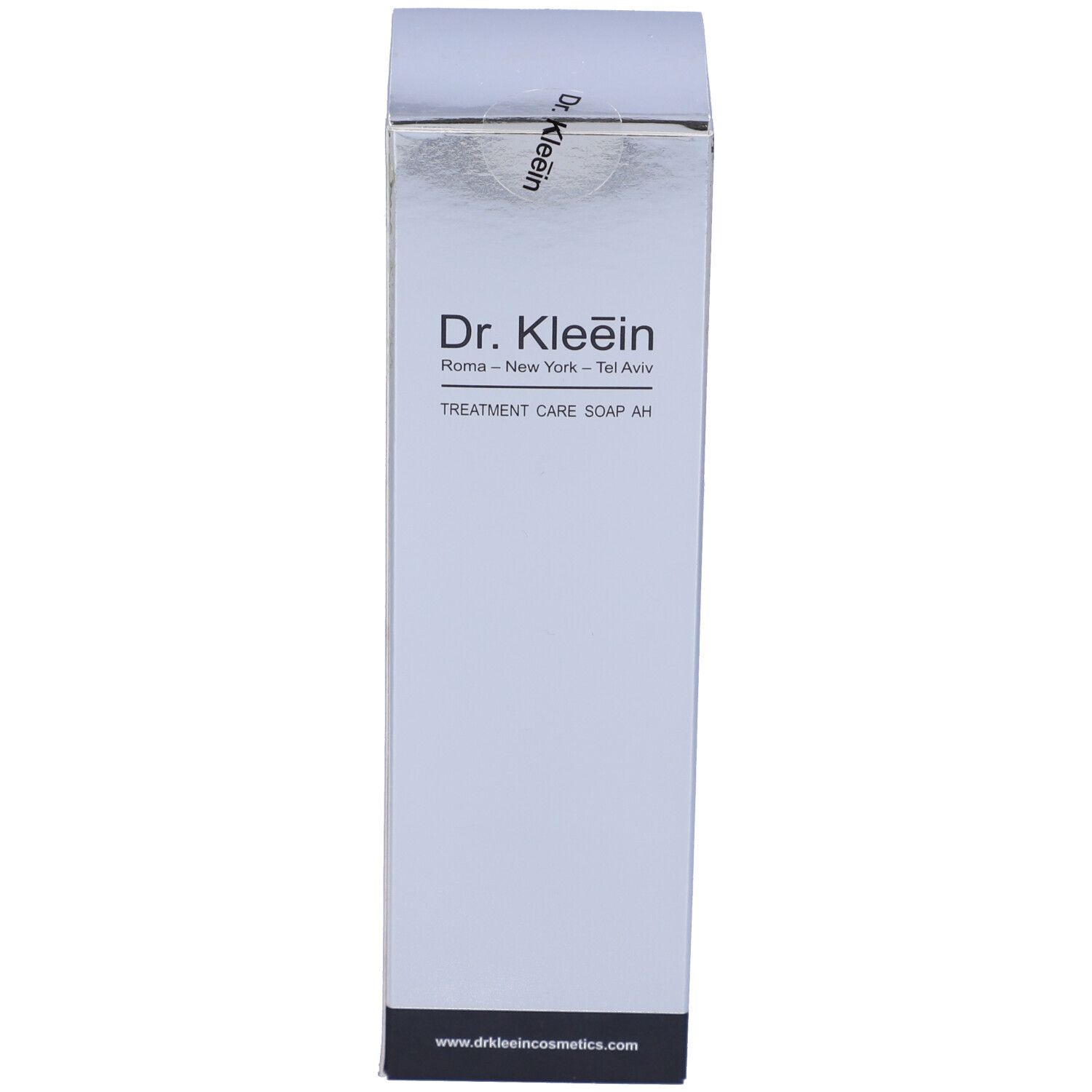 Scatola argento con Dr. Kleein Treatment Care Soap AH. Scritta nera su sfondo argento. Base nera.