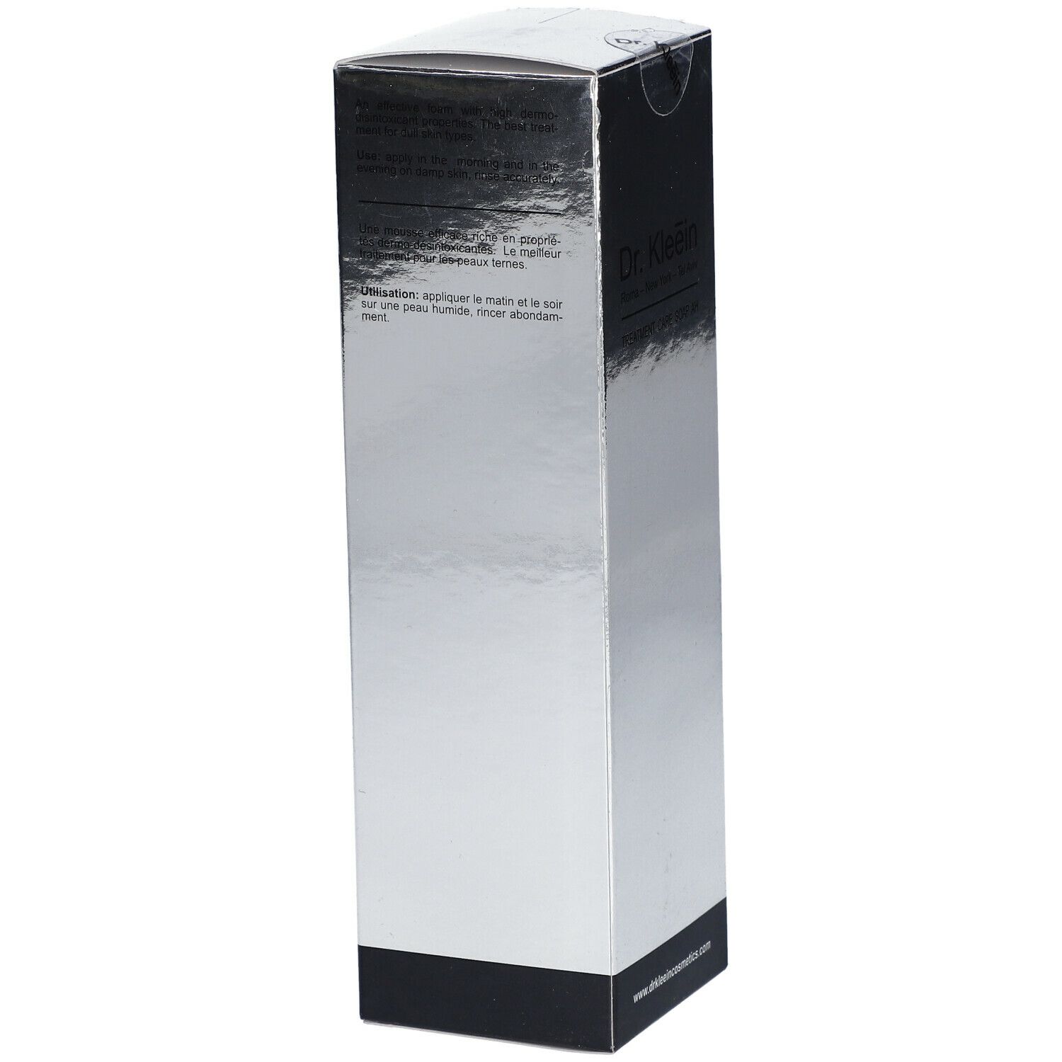 Confezione argento con testo. Retro con testo e logo. Base nera.