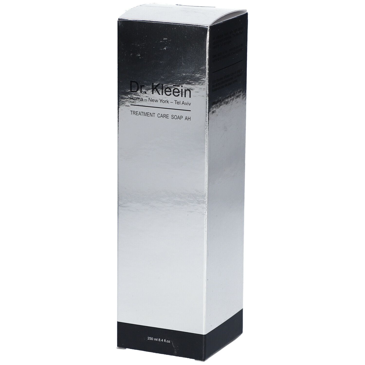 Scatola argento con Dr. Kleein Treatment Care Soap AH. Base nera. Testo sulla confezione.