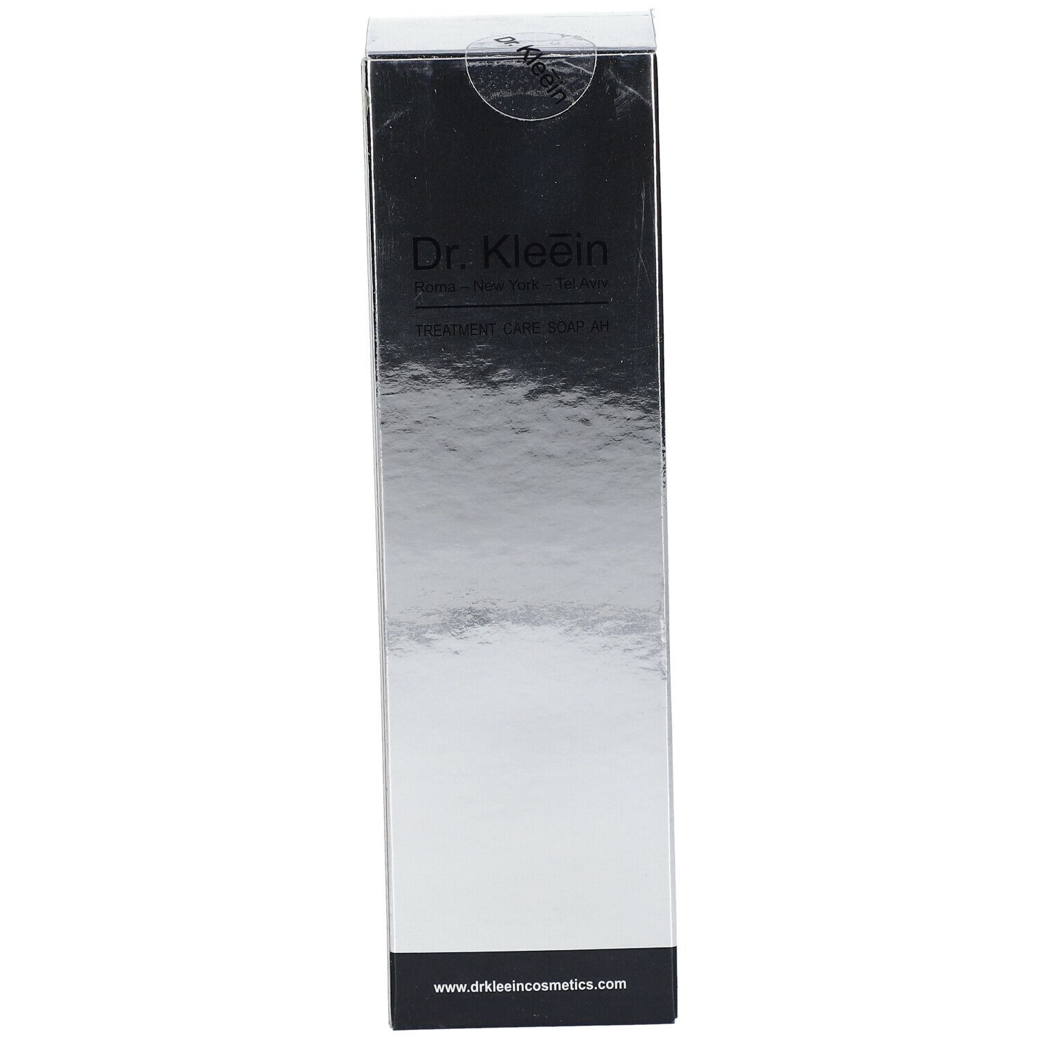 Scatola argento con Dr. Kleein Treatment Care Soap AH. Base nera. Logo e testo.