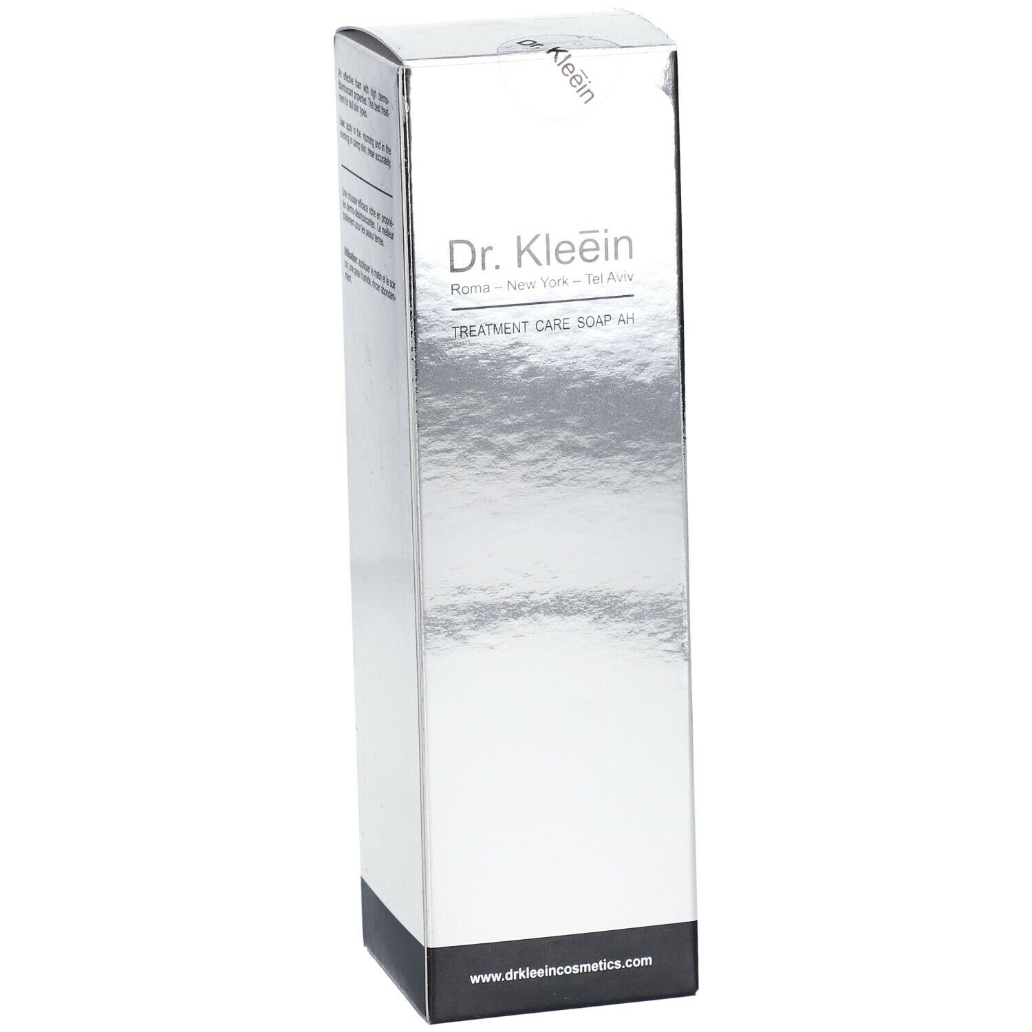 Scatola argento con Dr. Kleein Treatment Care Soap AH. Base nera. Testo e logo.