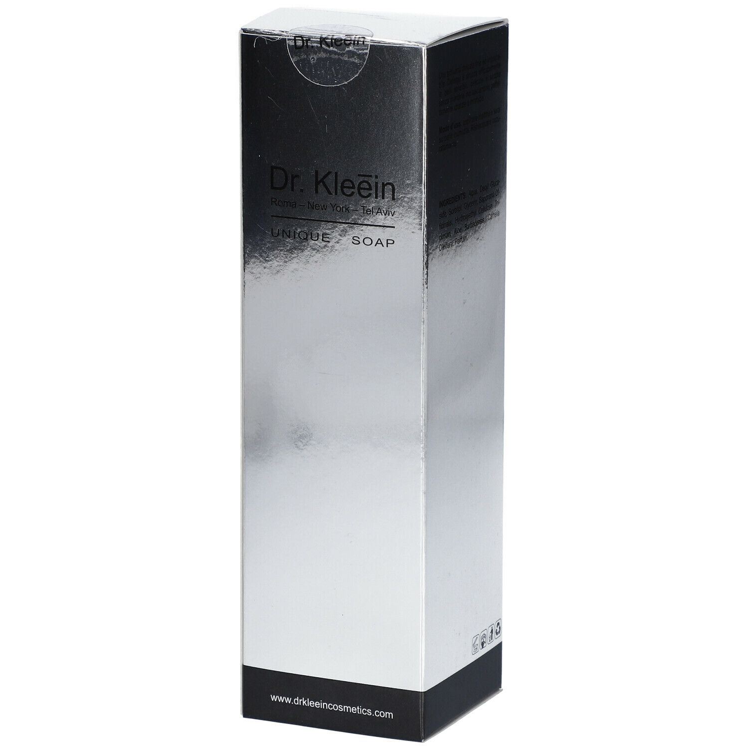 Scatola argento per Dr. Kleein UNIQUE SOAP. Base nera. Testo: UNIQUE SOAP, www.drklein.com. Forma rettangolare.
