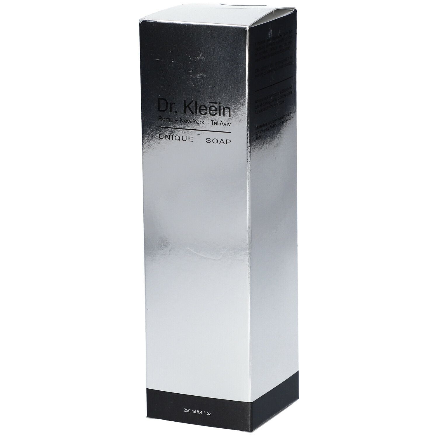 Scatola Dr. Kleein UNIQUE SOAP. Superficie argentata, base nera. Testo: UNIQUE SOAP, 250 ml.