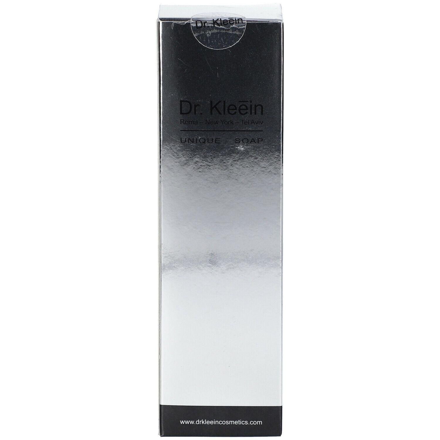 Scatola Dr. Kleein UNIQUE SOAP. Superficie argentata, base nera. Testo: UNIQUE SOAP, www.drklein.com.