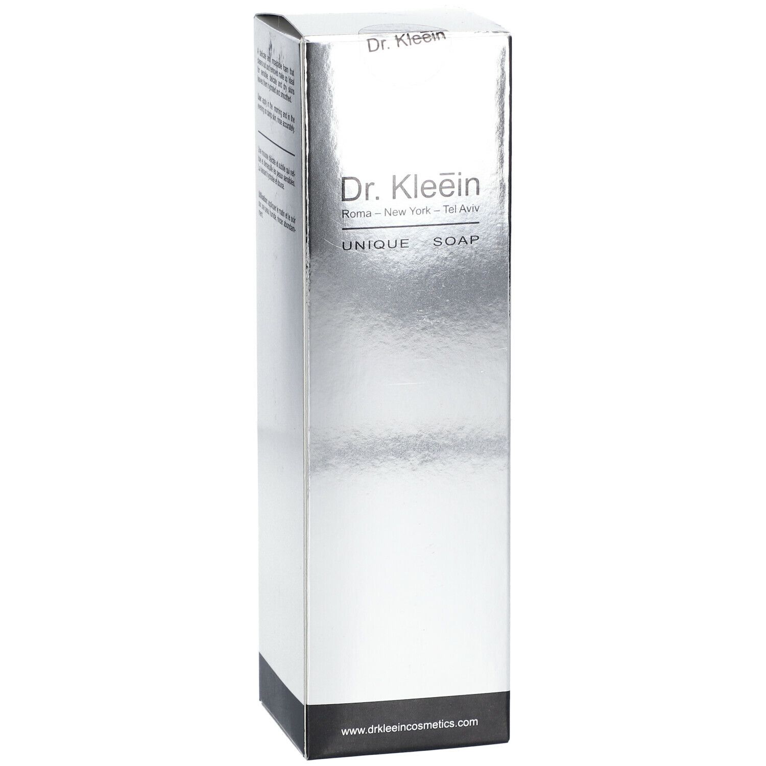 Scatola Dr. Kleein UNIQUE SOAP. Superficie argentata, base nera. Testo: UNIQUE SOAP, www.drklein.com.