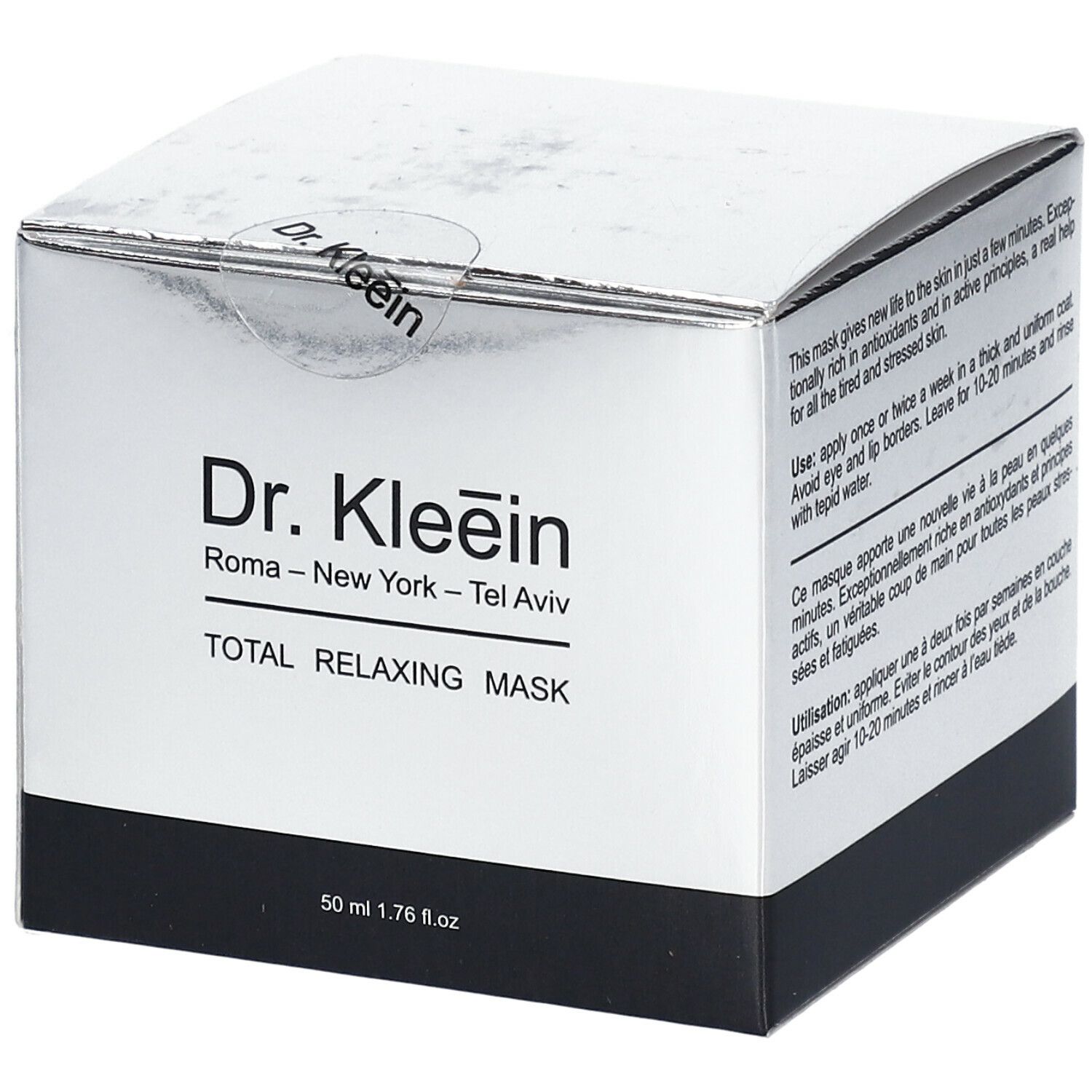 Scatola "Dr. Kleein TOTAL RELAXING MASK". Confezione argentata, base nera. Testo e logo visibili.