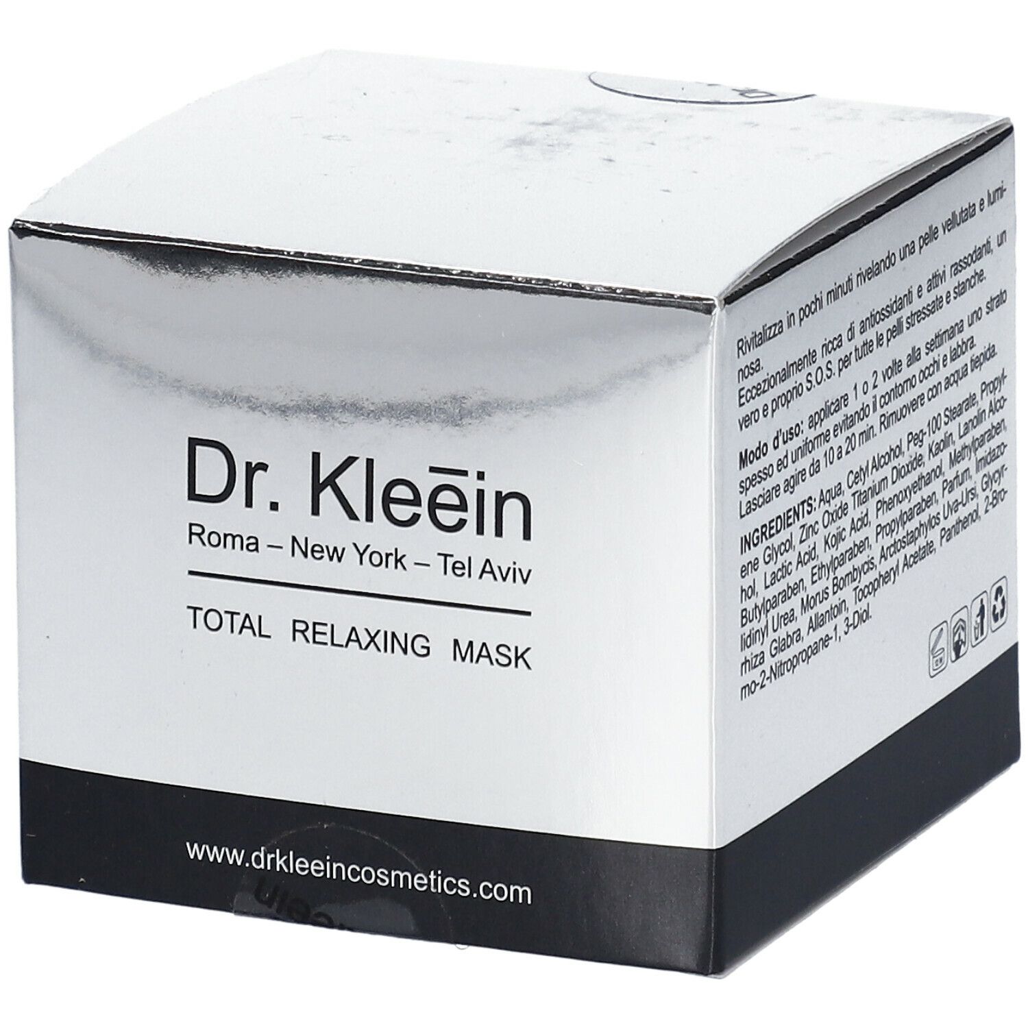 Scatola "Dr. Kleein TOTAL RELAXING MASK". Confezione argentata, testo e logo. Base nera. Indirizzo web.