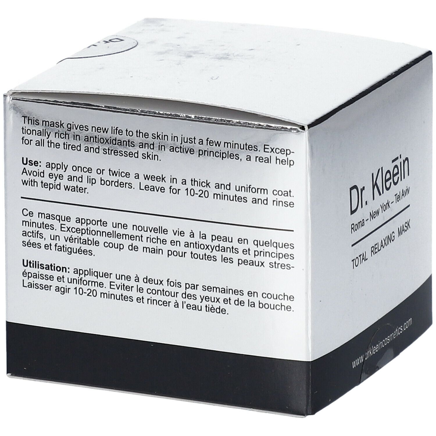 Scatola "Dr. Kleein TOTAL RELAXING MASK". Confezione argentata con testo. Base nera. Testo in inglese e francese.