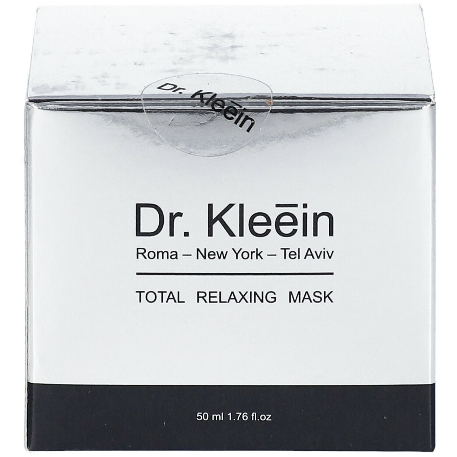 Scatola "Dr. Kleein TOTAL RELAXING MASK". Confezione argentata, logo e testo. Base nera. 50 ml.