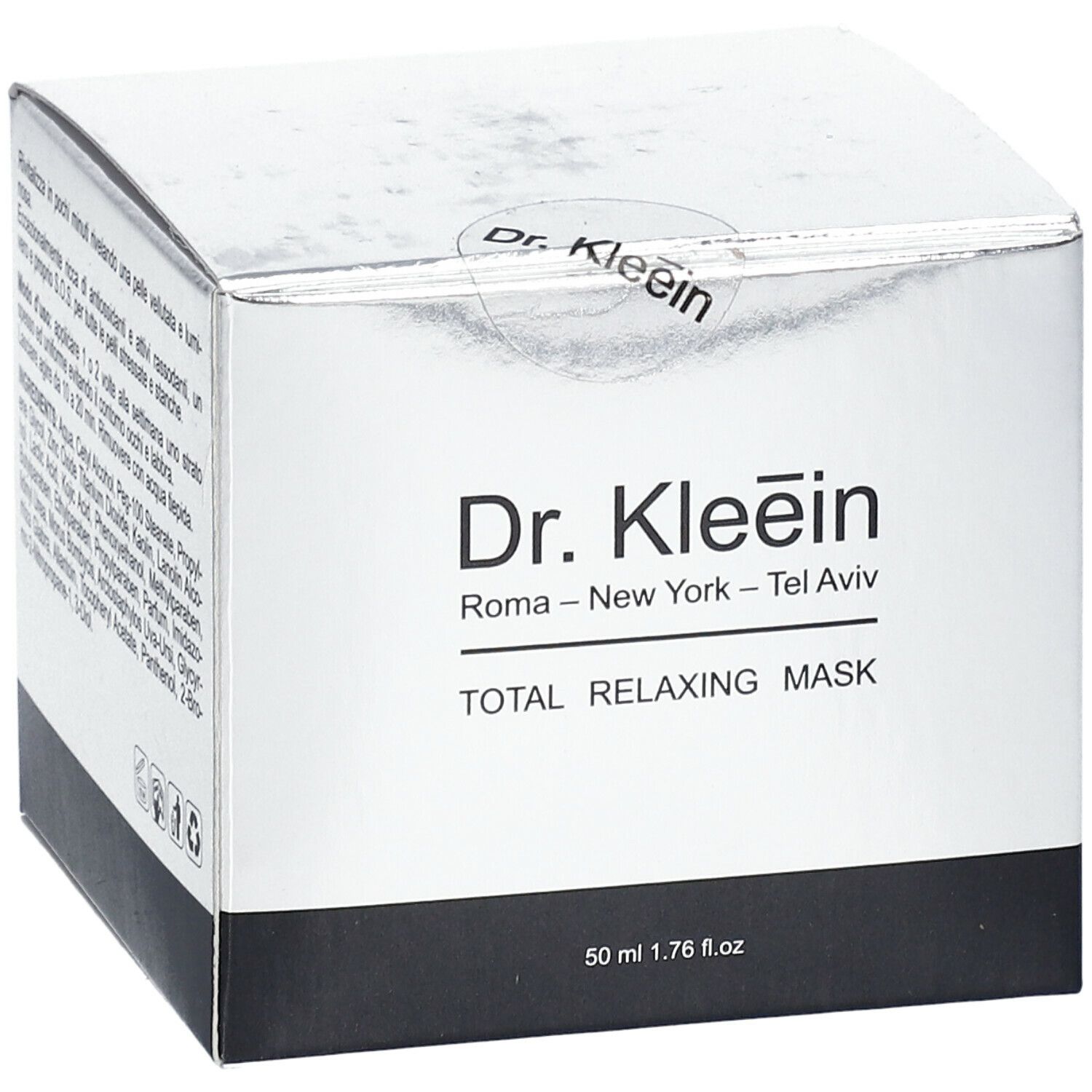 Scatola "Dr. Kleein TOTAL RELAXING MASK". Confezione argentata, logo e testo. Base nera. 50 ml.