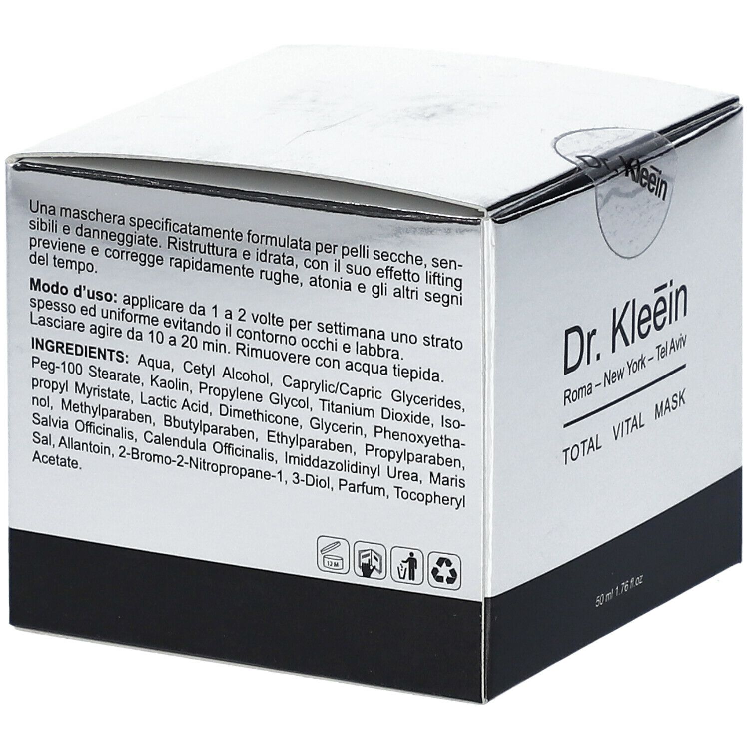 Confezione prodotto argento e nero. Testo: Dr. Kleein TOTAL VITAL MASK. Ingredienti e istruzioni in italiano.