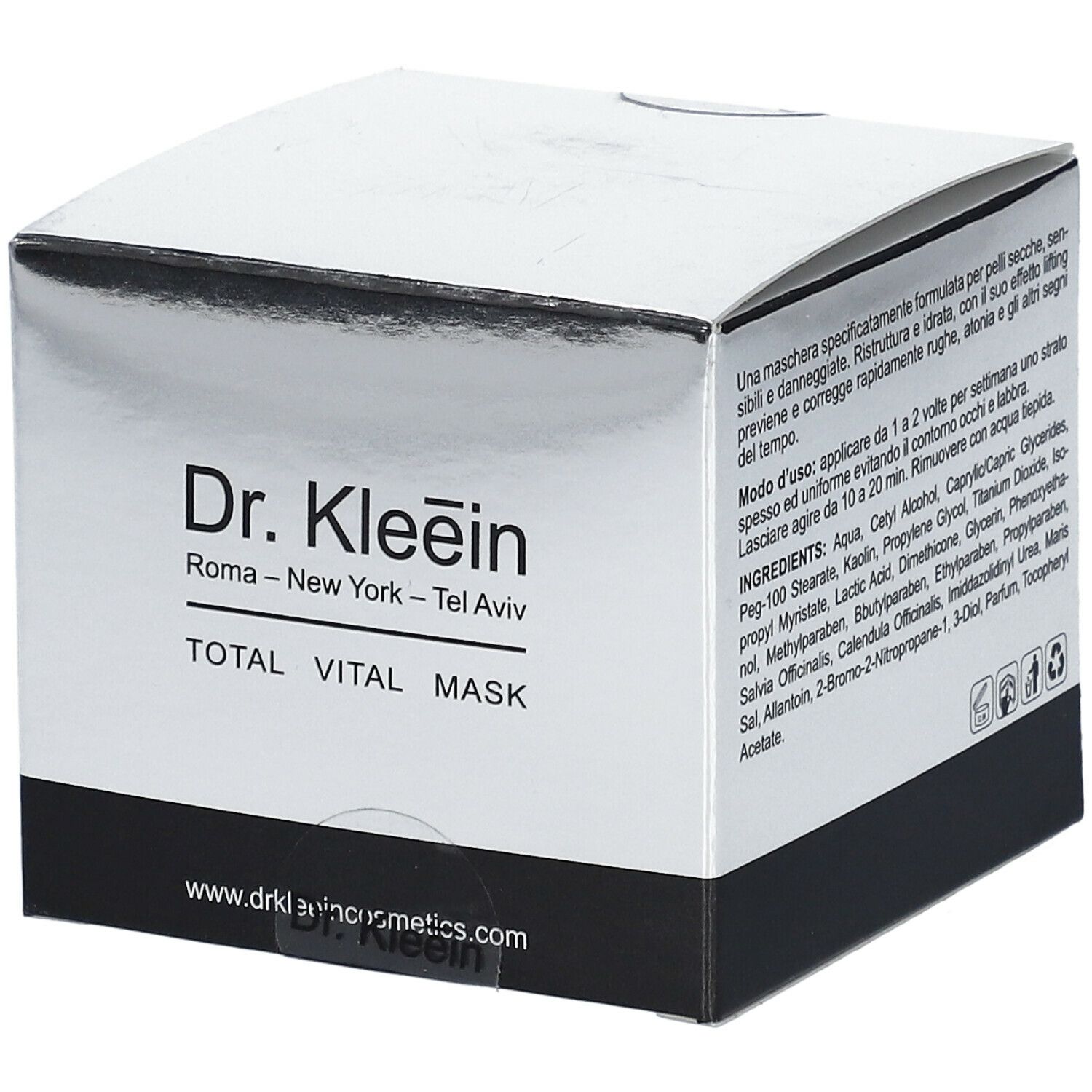 Confezione prodotto argento e nero. Testo: Dr. Kleein TOTAL VITAL MASK. Indirizzo del sito web.