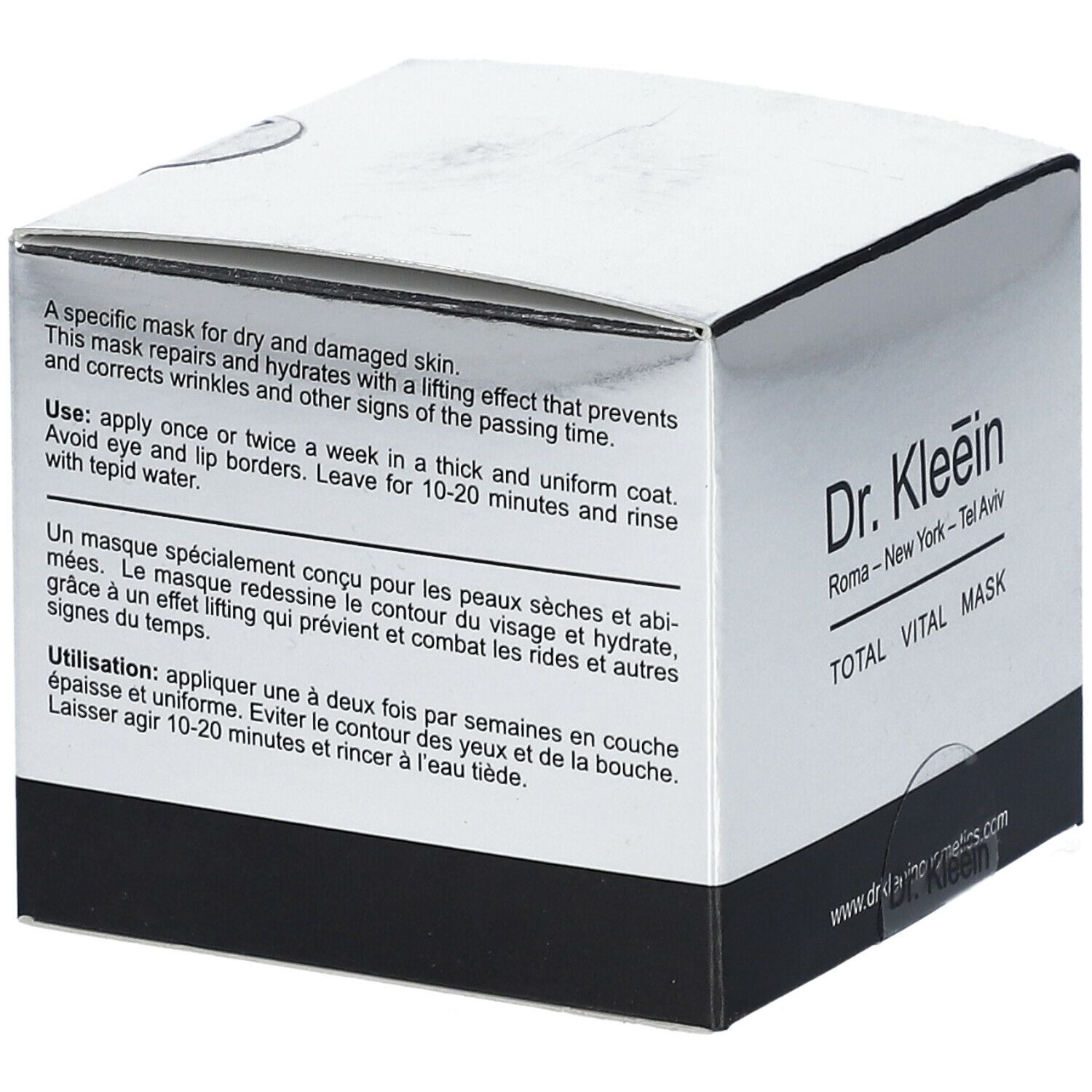 Confezione prodotto argento e nero. Testo: Dr. Kleein TOTAL VITAL MASK. Istruzioni per l'uso.