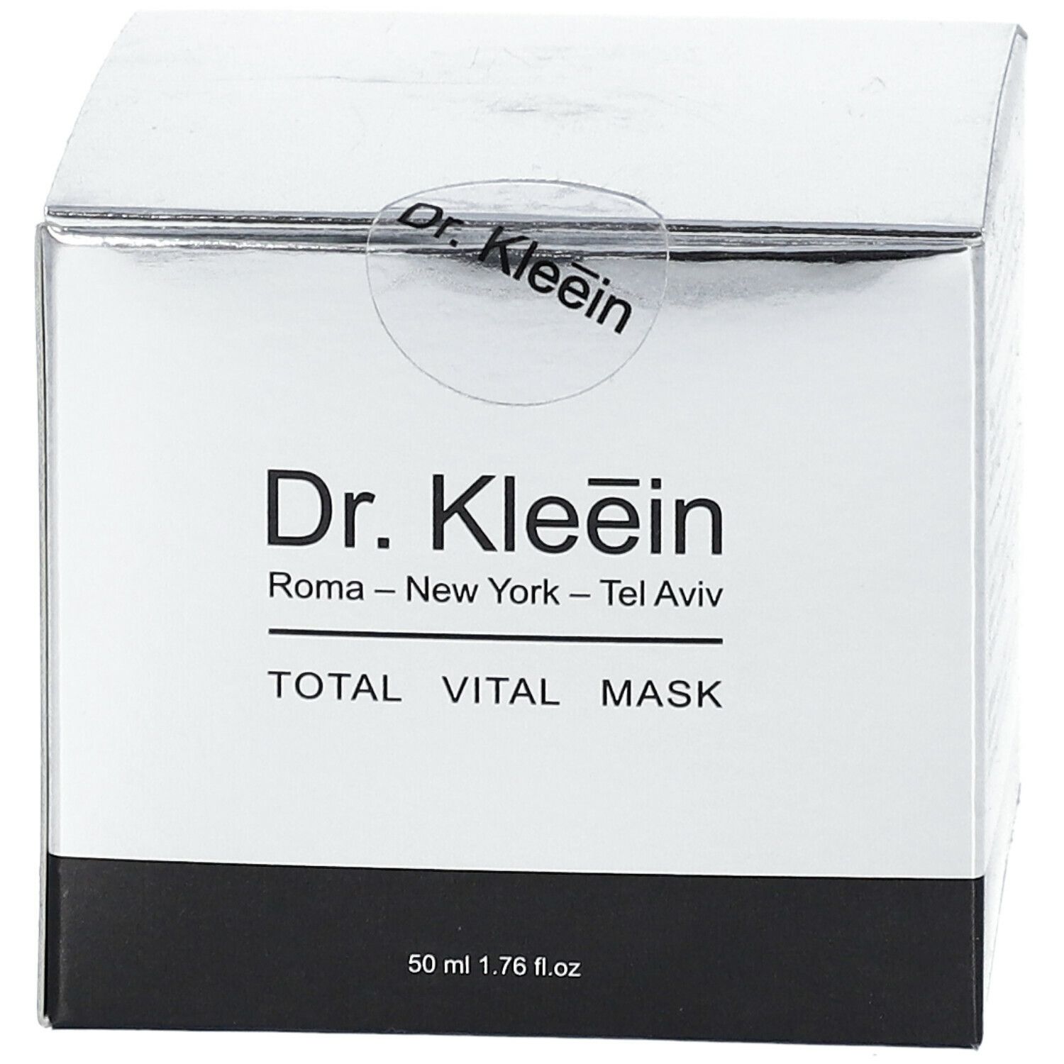 Confezione prodotto argento e nero. Testo: Dr. Kleein TOTAL VITAL MASK. Contenuto: 50 ml 1.76 fl.oz. Logo Dr. Kleein.