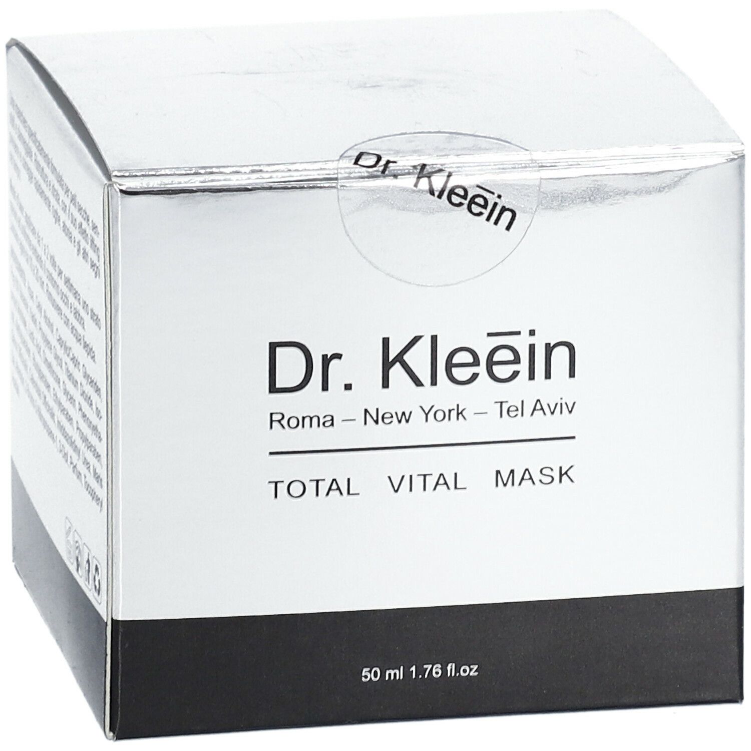 Confezione prodotto argento e nero. Testo: Dr. Kleein TOTAL VITAL MASK. Contenuto: 50 ml 1.76 fl.oz. Logo Dr. Kleein.