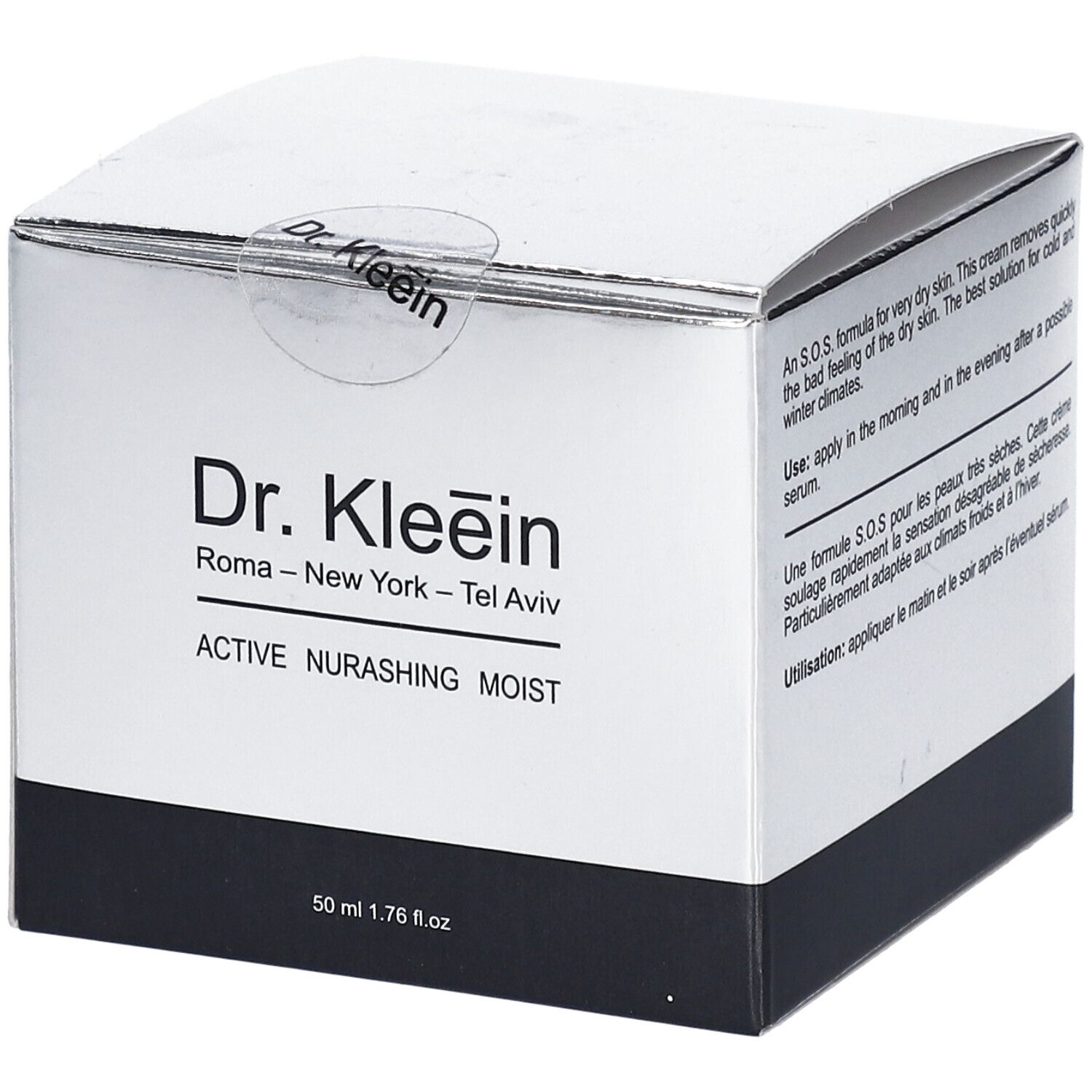 Scatola Dr. Kleein ACTIVE NURASHING MOIST. Confezione argento, base nera. Sigillo con logo.