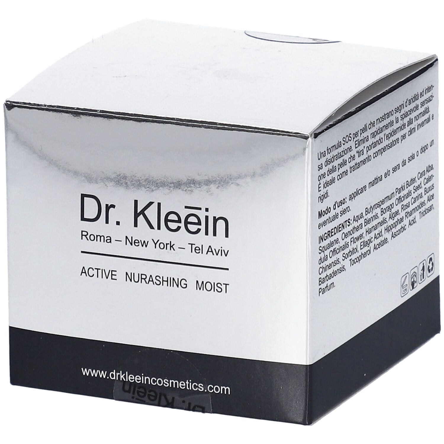 Confezione prodotto Dr. Kleein ACTIVE NURASHING MOIST. Scatola argento, base nera. Indirizzo sito web.