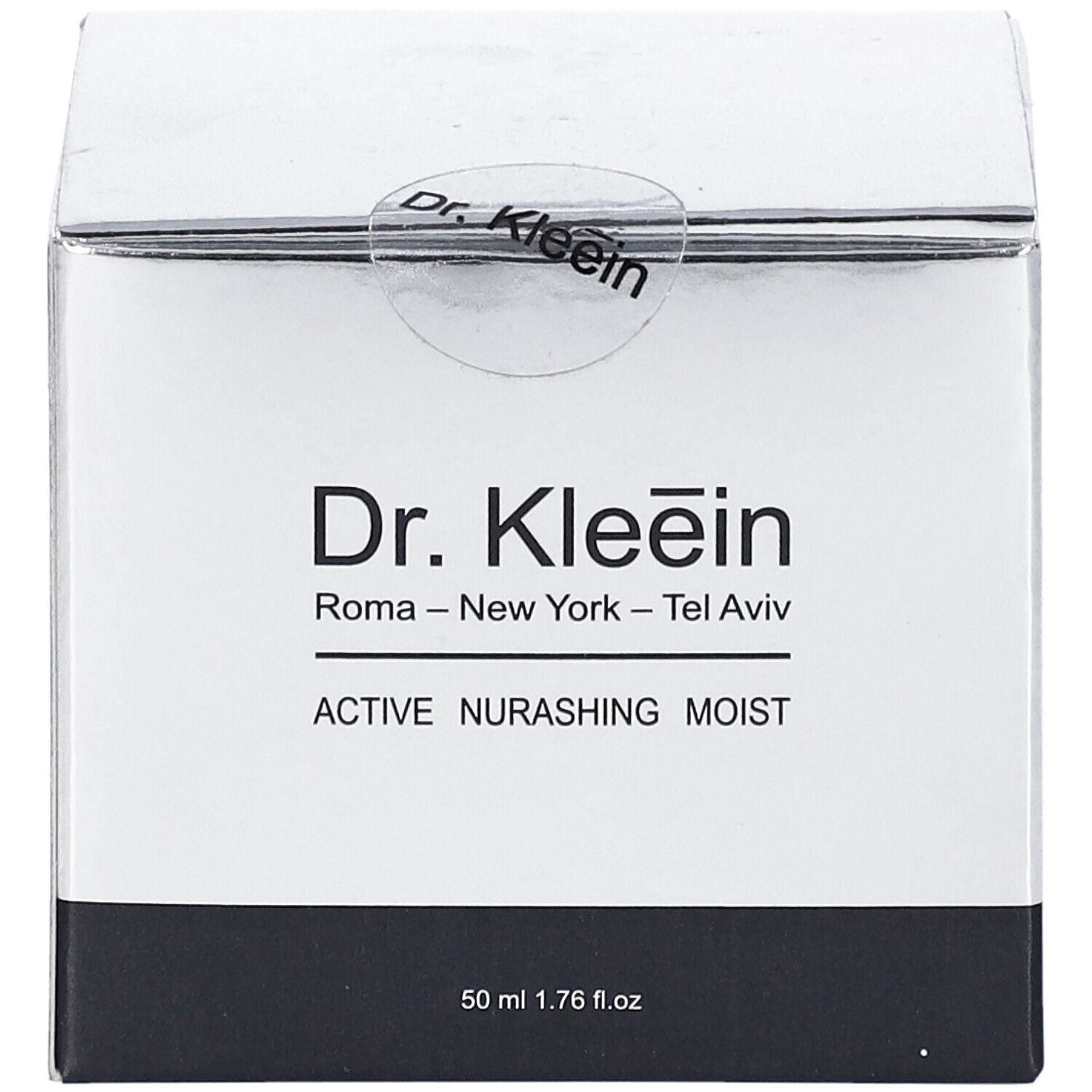 Confezione prodotto Dr. Kleein ACTIVE NURASHING MOIST. Scatola argento, base nera. Sigillo con logo.