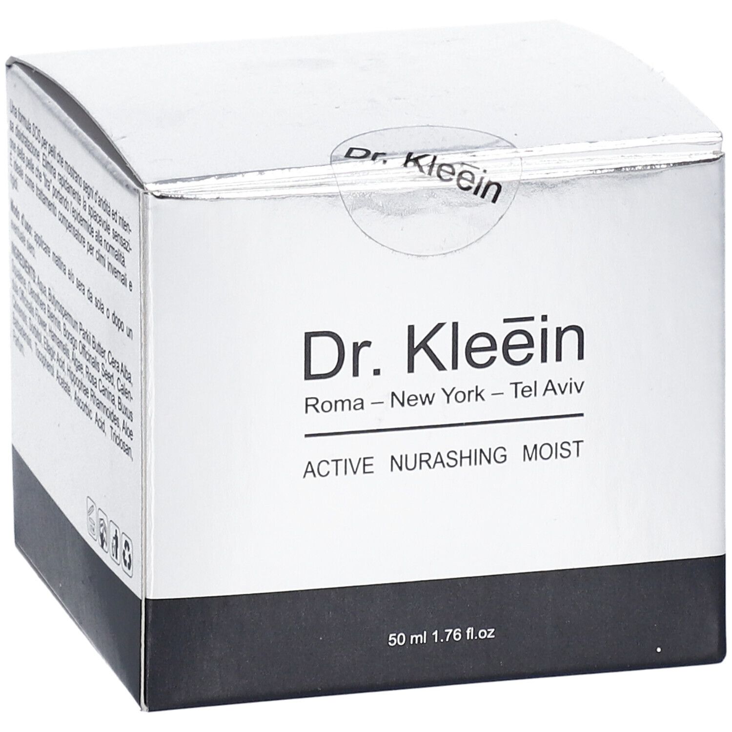 Confezione prodotto Dr. Kleein ACTIVE NURASHING MOIST. Scatola argento, base nera. Sigillo con logo.