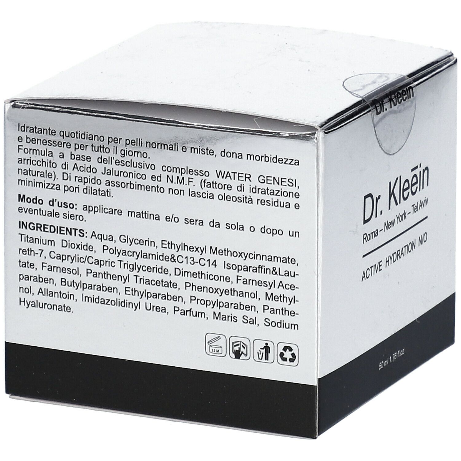 Scatola con ingredienti. Argento e nero. Scritta: Dr. Kleein, ACTIVE HYDRATION N/O. Testo in italiano.