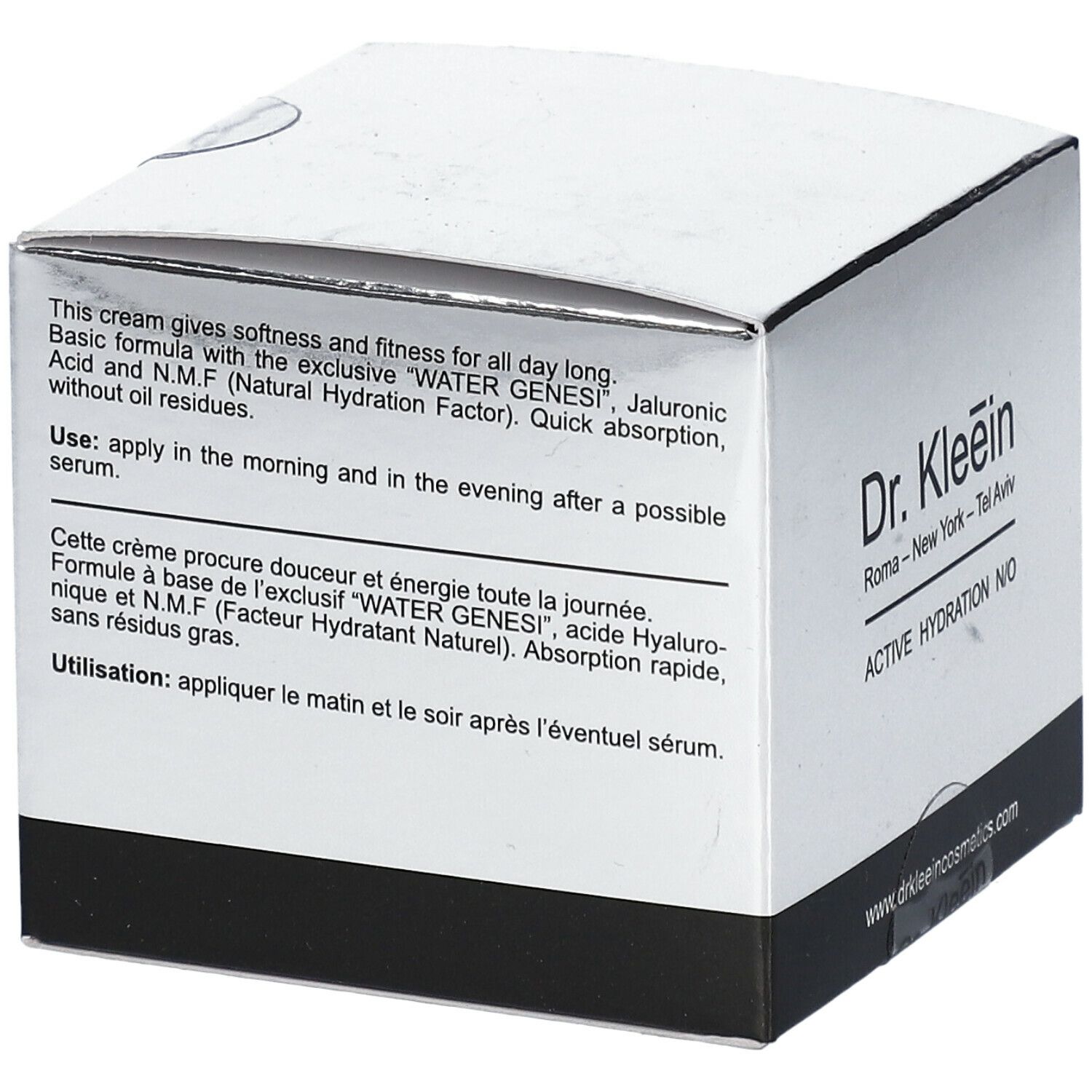 Scatola argento e nera. Scritta: Dr. Kleein, ACTIVE HYDRATION N/O. Testo in inglese e francese.
