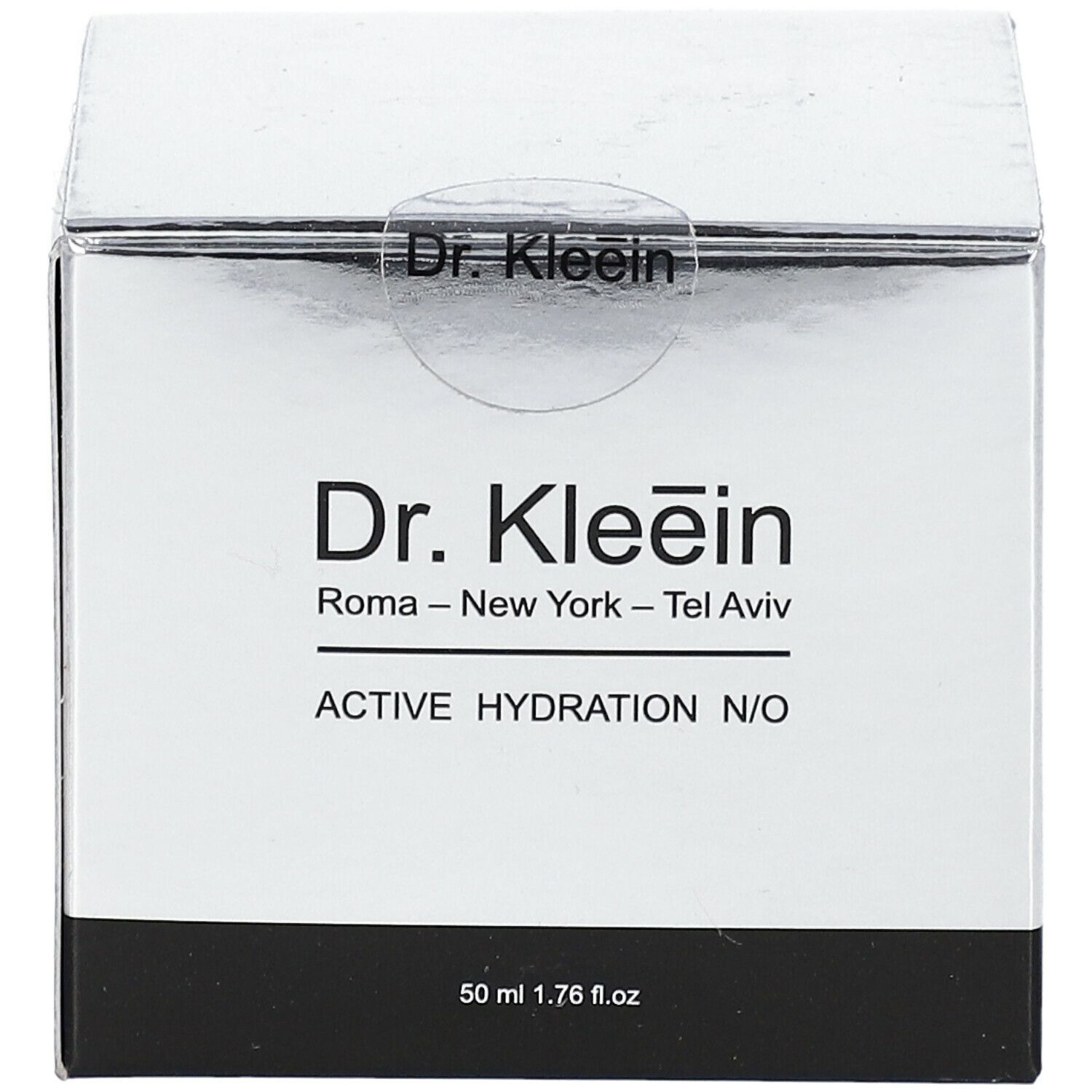 Scatola quadrata argento e nera. Scritta: Dr. Kleein, ACTIVE HYDRATION N/O. 50 ml. Sigillo trasparente.