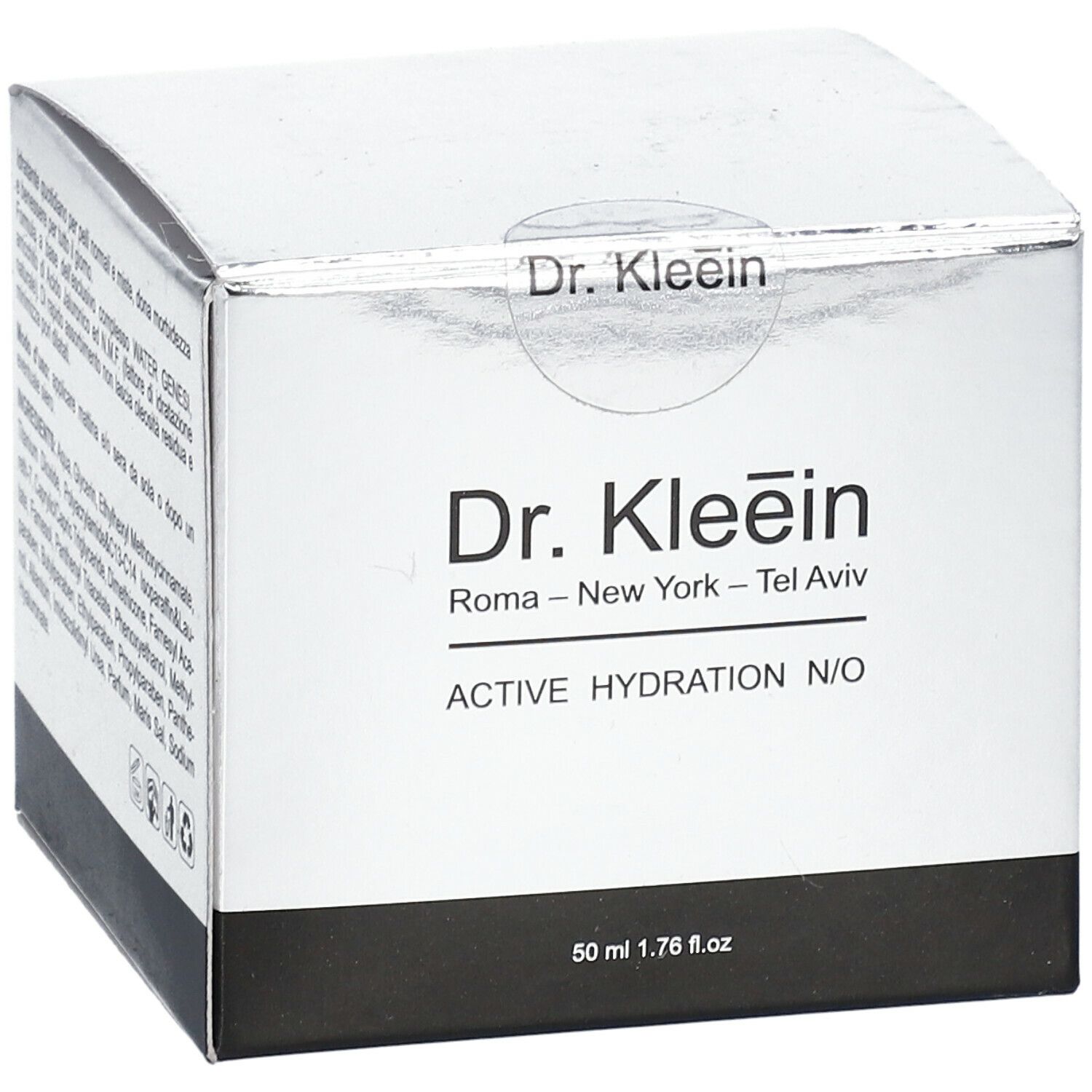 Scatola argento e nera. Scritta: Dr. Kleein, ACTIVE HYDRATION N/O. 50 ml. Sigillo trasparente.