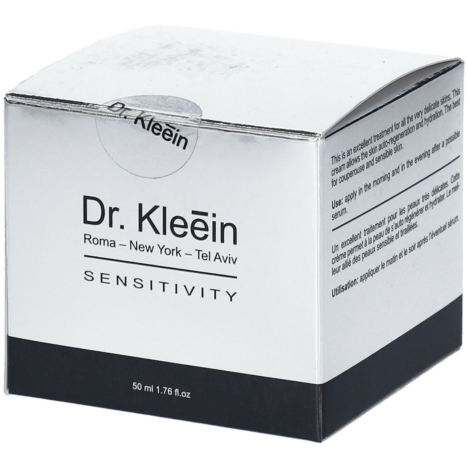 Scatola argentata con nome e testo del prodotto. Scritto: Dr. Kleein SENSITIVITY. 50 ml. Testo in inglese.