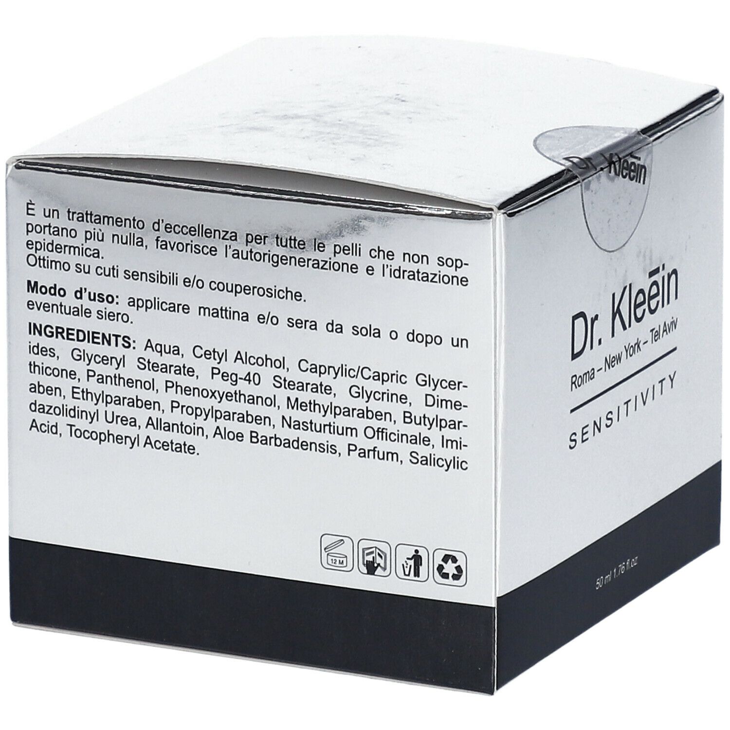 Scatola argentata con nome e testo del prodotto. Scritto: Dr. Kleein SENSITIVITY. Elenco ingredienti in italiano.